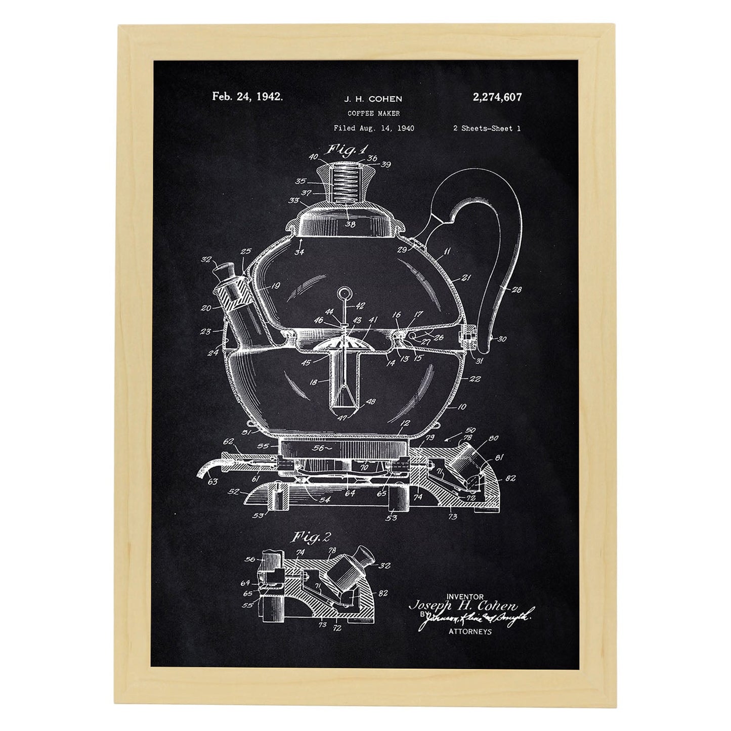 Poster con patente de Cafetera 2. Lámina con diseño de patente antigua-Artwork-Nacnic-A3-Marco Madera clara-Nacnic Estudio SL