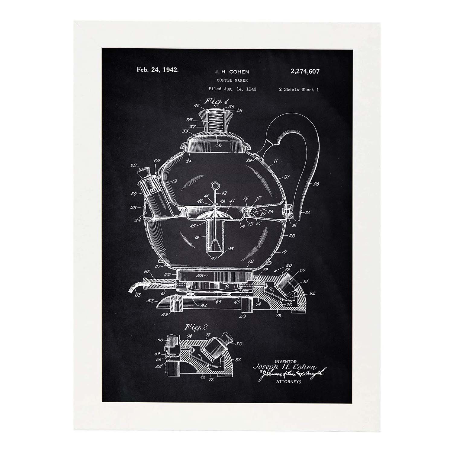 Poster con patente de Cafetera 2. Lámina con diseño de patente antigua-Artwork-Nacnic-A4-Marco Blanco-Nacnic Estudio SL