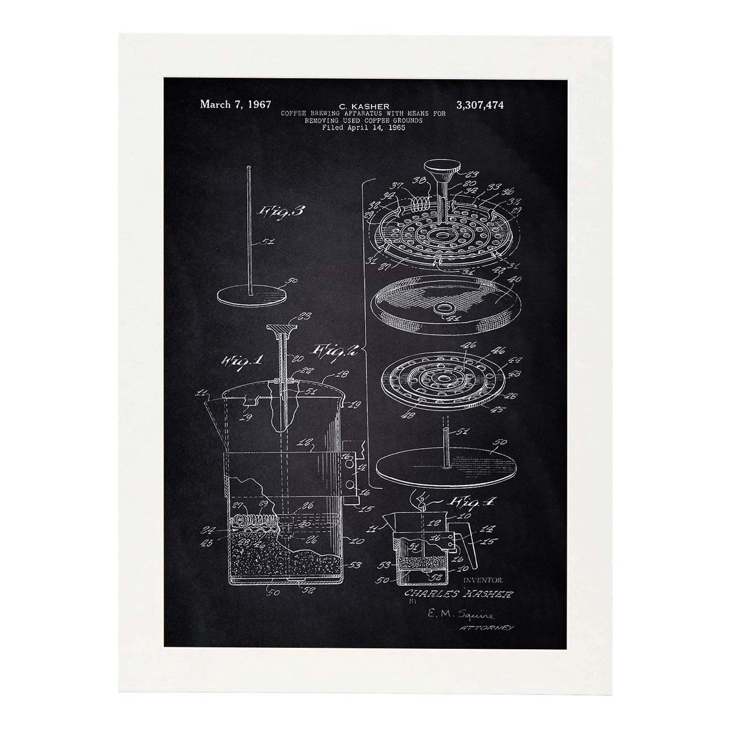 Poster con patente de Cafetera 3. Lámina con diseño de patente antigua-Artwork-Nacnic-A3-Marco Blanco-Nacnic Estudio SL