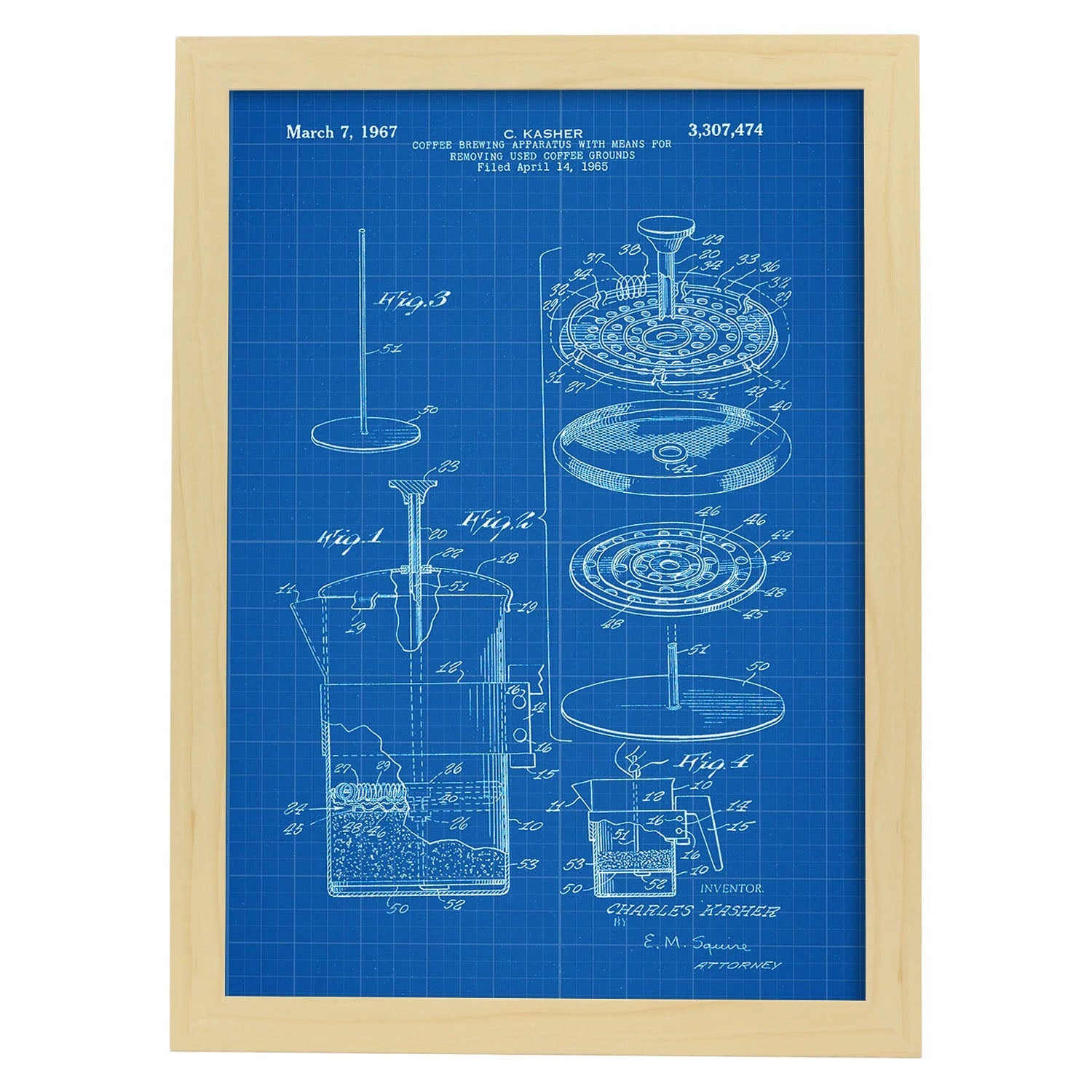 Poster con patente de Cafetera 3. Lámina con diseño de patente antigua-Artwork-Nacnic-A3-Marco Madera clara-Nacnic Estudio SL