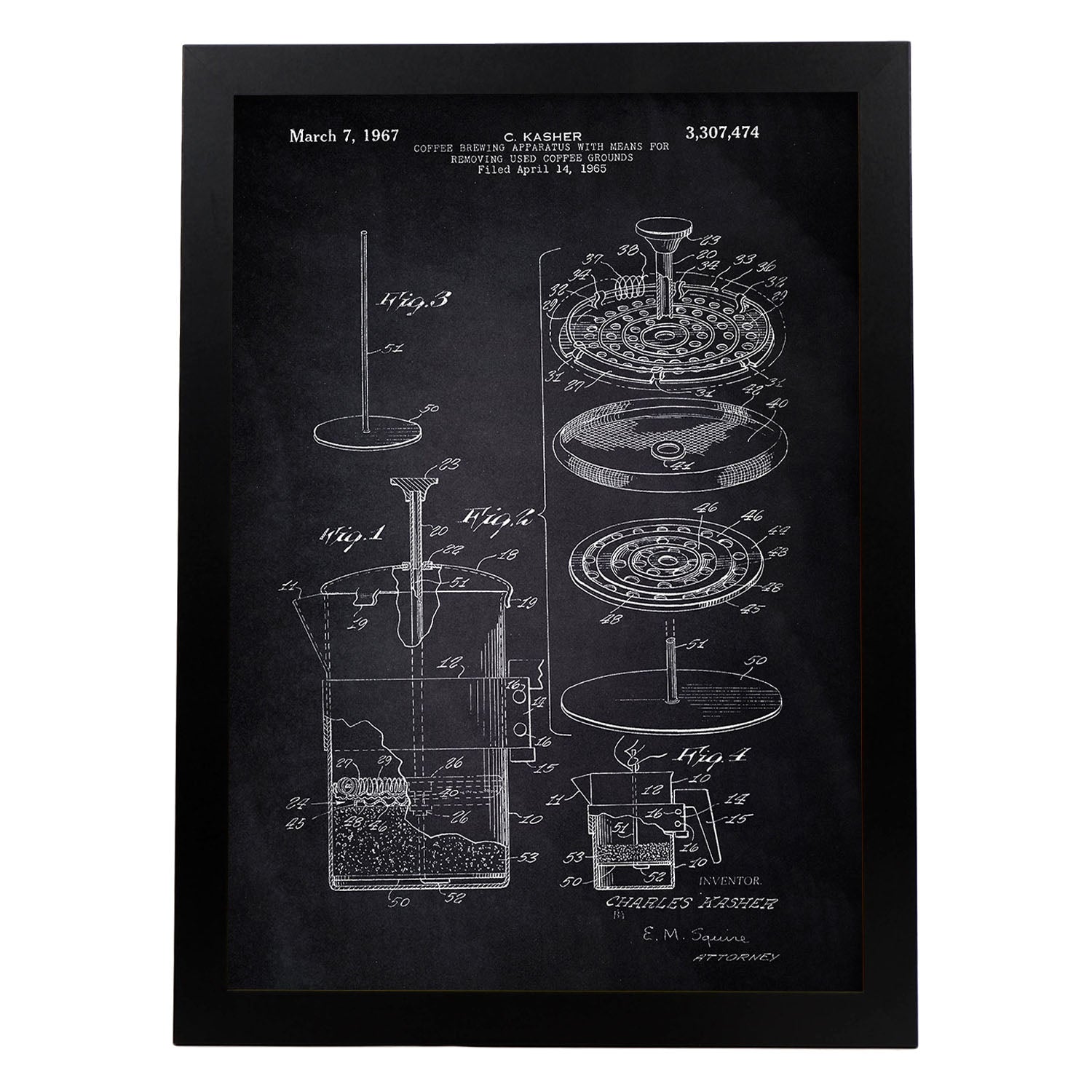 Poster con patente de Cafetera 3. Lámina con diseño de patente antigua-Artwork-Nacnic-A3-Marco Negro-Nacnic Estudio SL