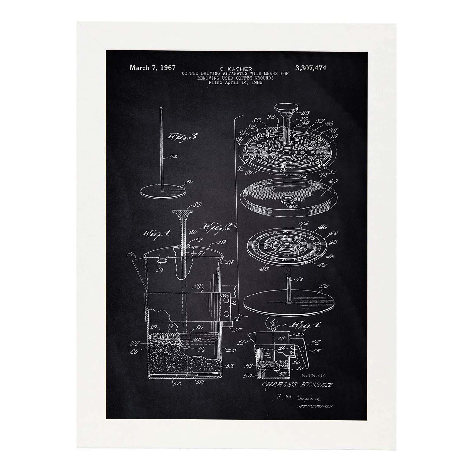 Poster con patente de Cafetera 3. Lámina con diseño de patente antigua-Artwork-Nacnic-A4-Marco Blanco-Nacnic Estudio SL