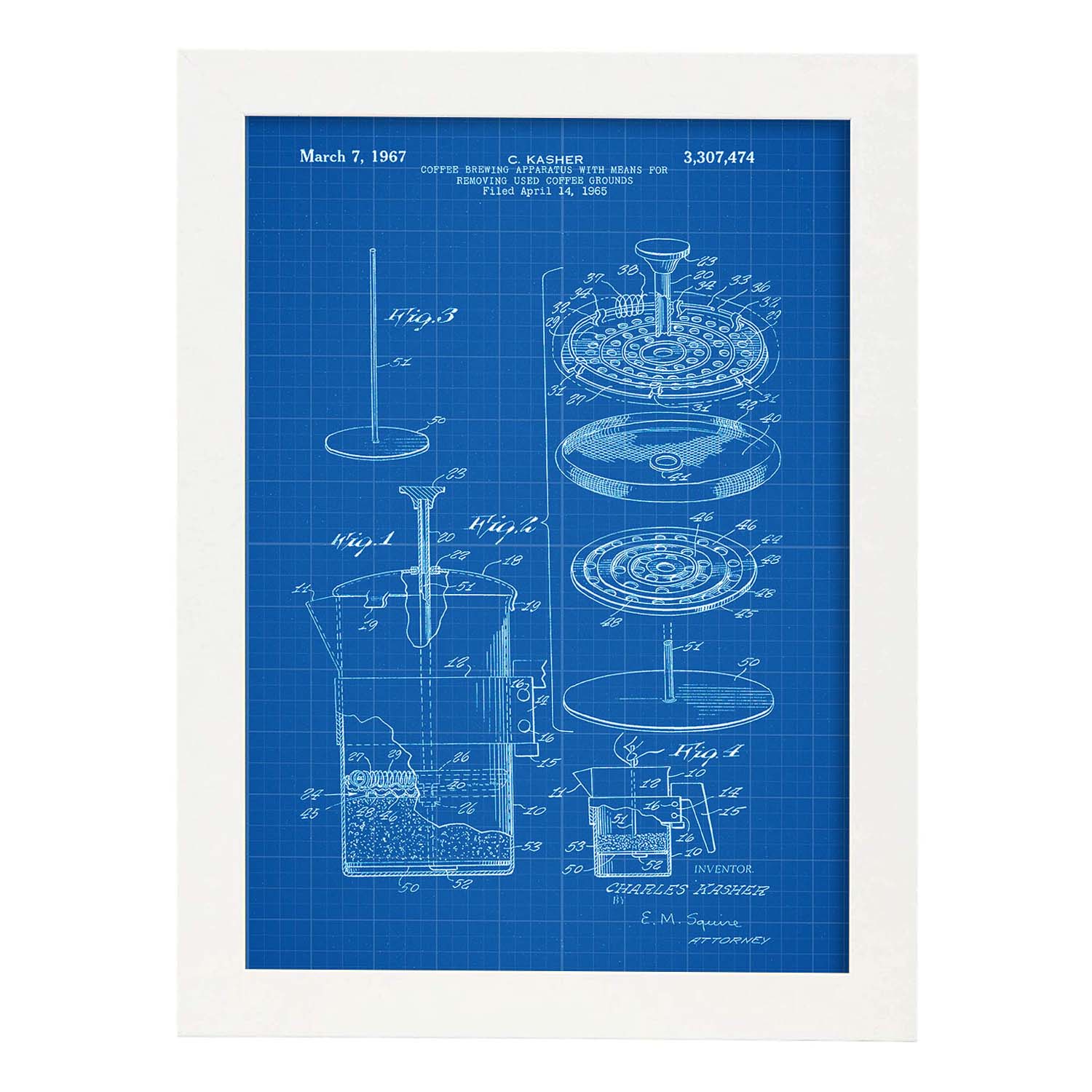 Poster con patente de Cafetera 3. Lámina con diseño de patente antigua-Artwork-Nacnic-A4-Marco Blanco-Nacnic Estudio SL