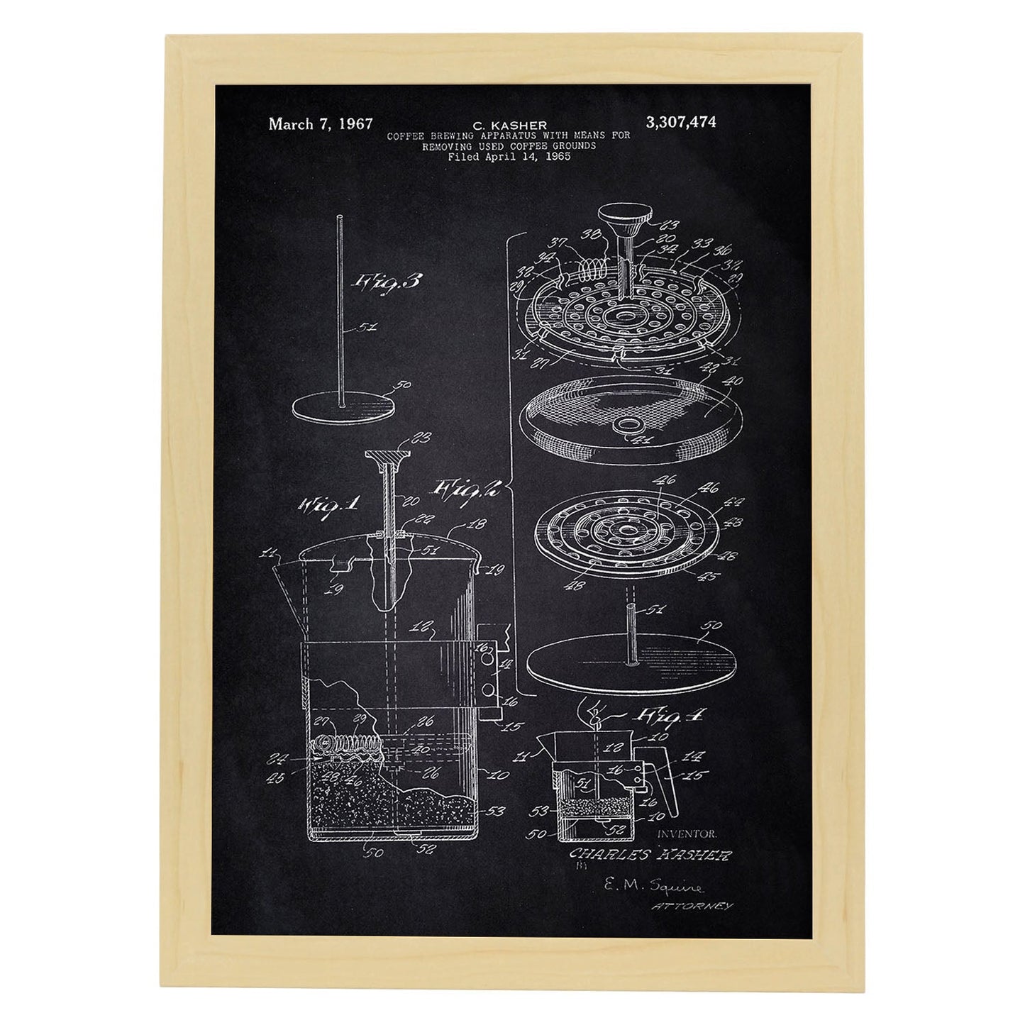 Poster con patente de Cafetera 3. Lámina con diseño de patente antigua-Artwork-Nacnic-A4-Marco Madera clara-Nacnic Estudio SL