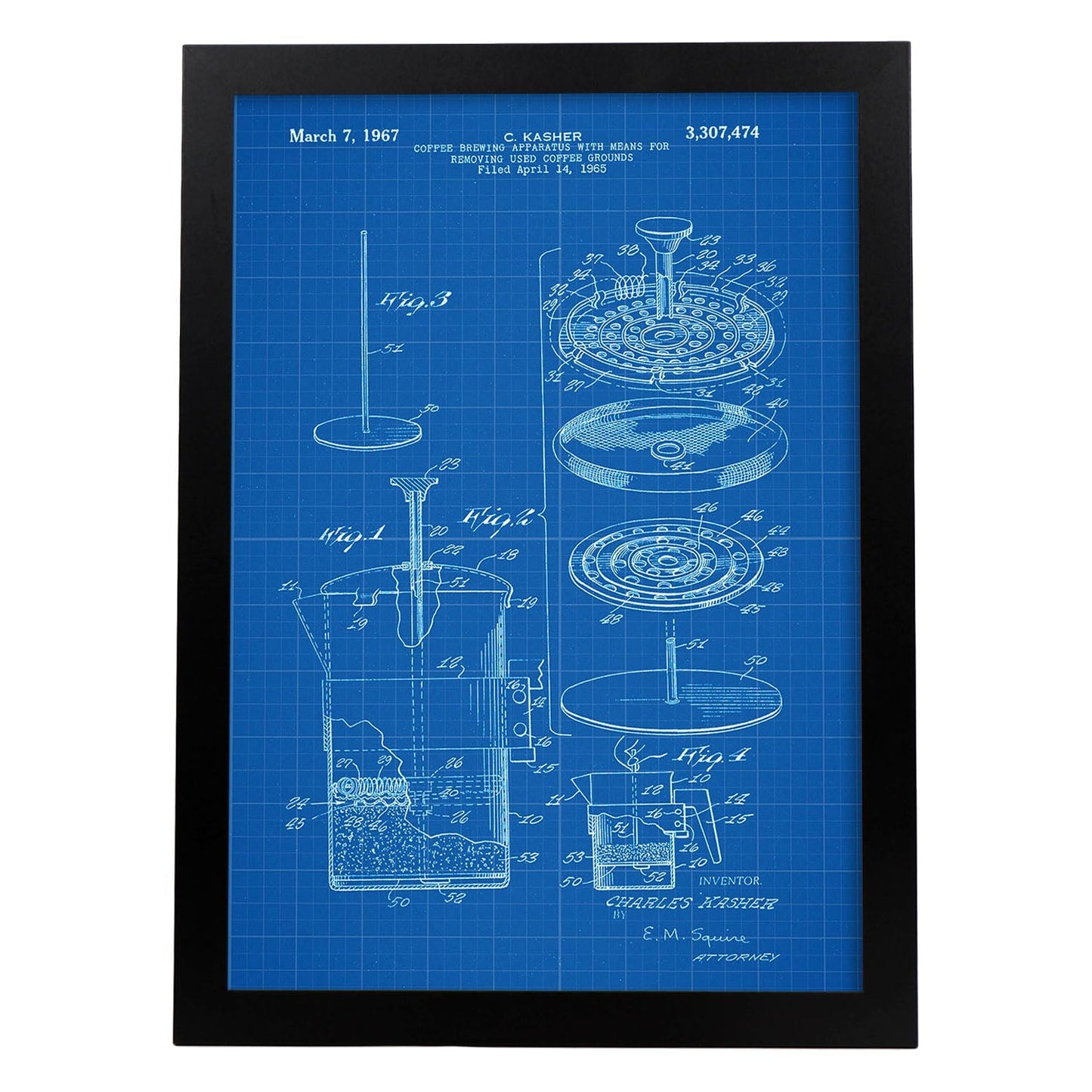 Poster con patente de Cafetera 3. Lámina con diseño de patente antigua-Artwork-Nacnic-A4-Marco Negro-Nacnic Estudio SL