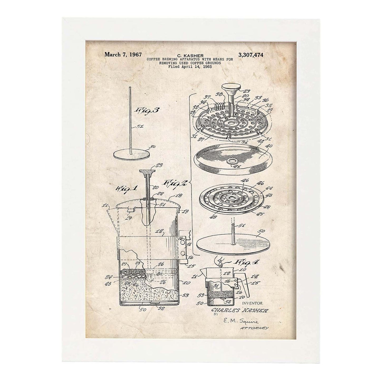 Poster con patente de Cafetera 3. Lámina con diseño de patente antigua.-Artwork-Nacnic-A3-Marco Blanco-Nacnic Estudio SL