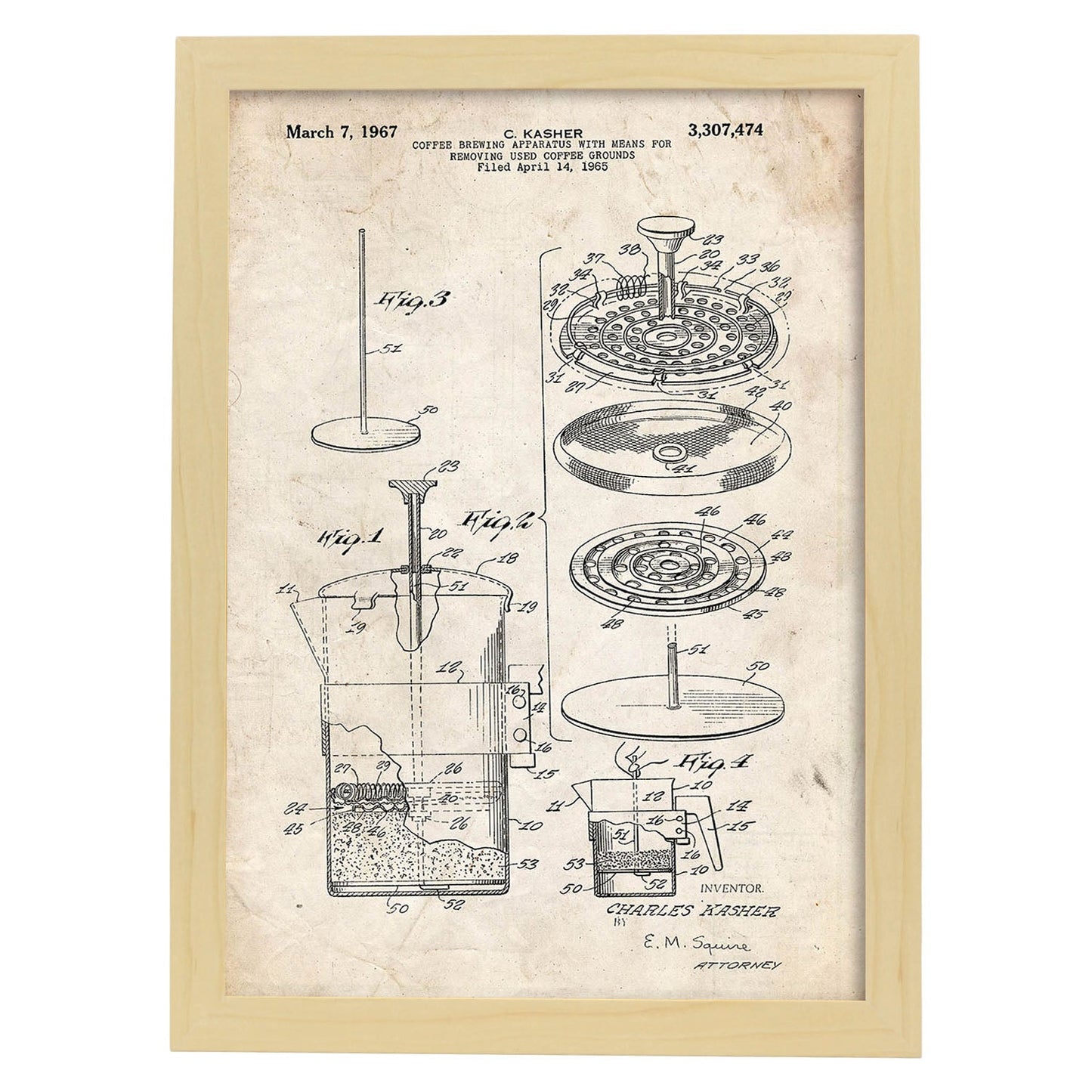 Poster con patente de Cafetera 3. Lámina con diseño de patente antigua.-Artwork-Nacnic-A3-Marco Madera clara-Nacnic Estudio SL