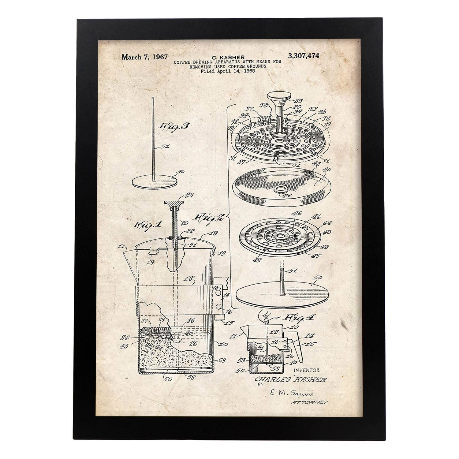 Poster con patente de Cafetera 3. Lámina con diseño de patente antigua.-Artwork-Nacnic-A3-Marco Negro-Nacnic Estudio SL