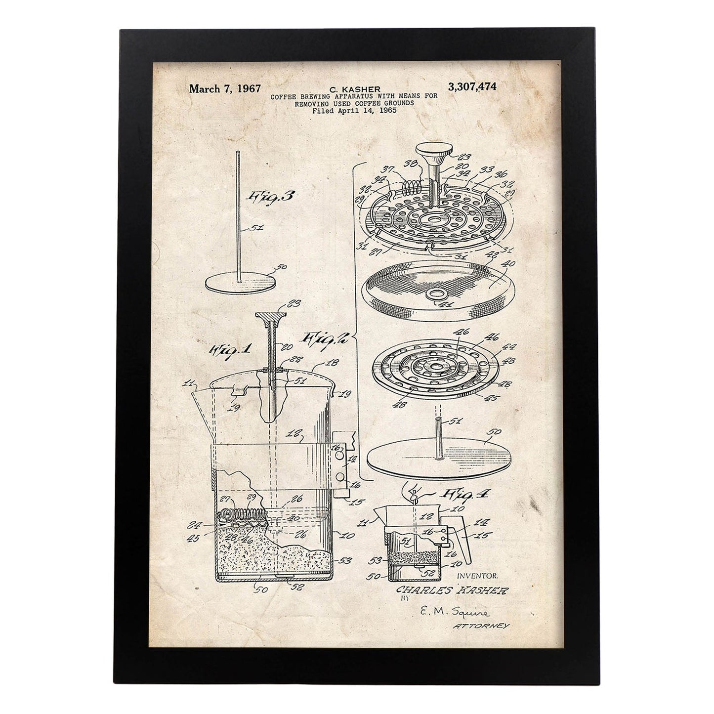 Poster con patente de Cafetera 3. Lámina con diseño de patente antigua.-Artwork-Nacnic-A4-Marco Negro-Nacnic Estudio SL