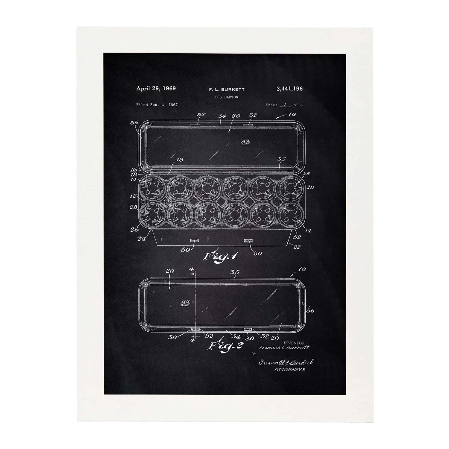 Poster con patente de Caja de huevos 1. Lámina con diseño de patente antigua-Artwork-Nacnic-A3-Marco Blanco-Nacnic Estudio SL