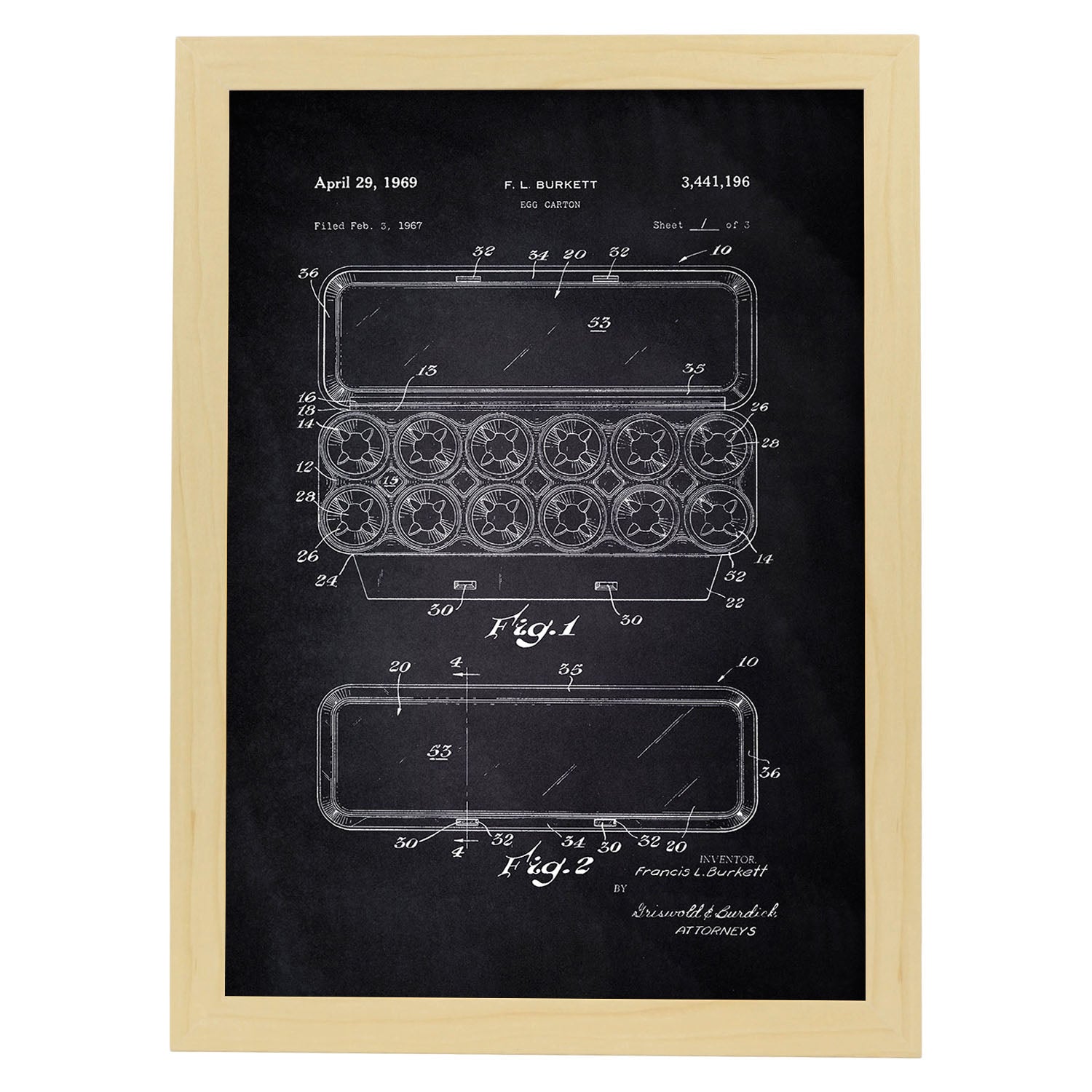 Poster con patente de Caja de huevos 1. Lámina con diseño de patente antigua-Artwork-Nacnic-A3-Marco Madera clara-Nacnic Estudio SL