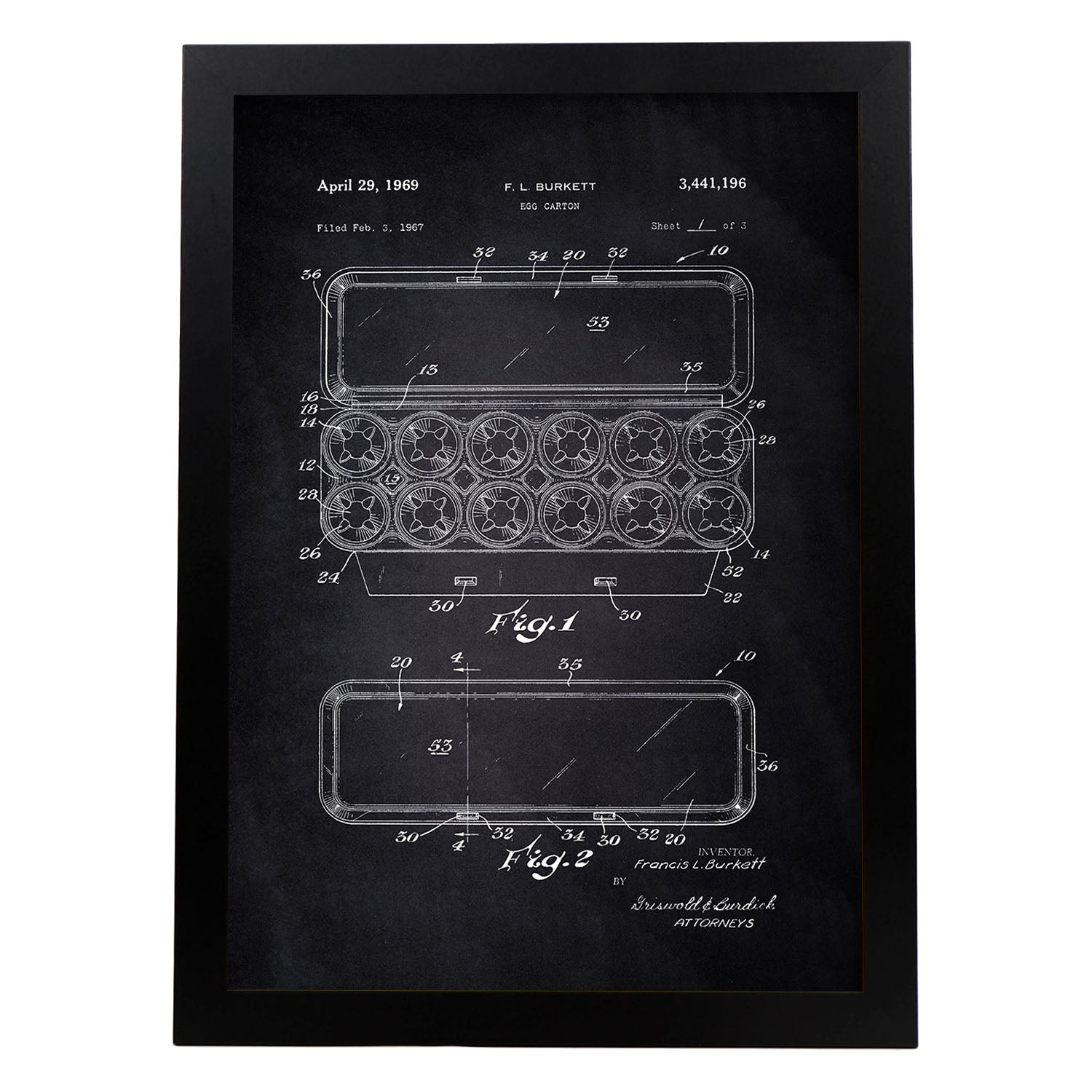Poster con patente de Caja de huevos 1. Lámina con diseño de patente antigua-Artwork-Nacnic-A3-Marco Negro-Nacnic Estudio SL