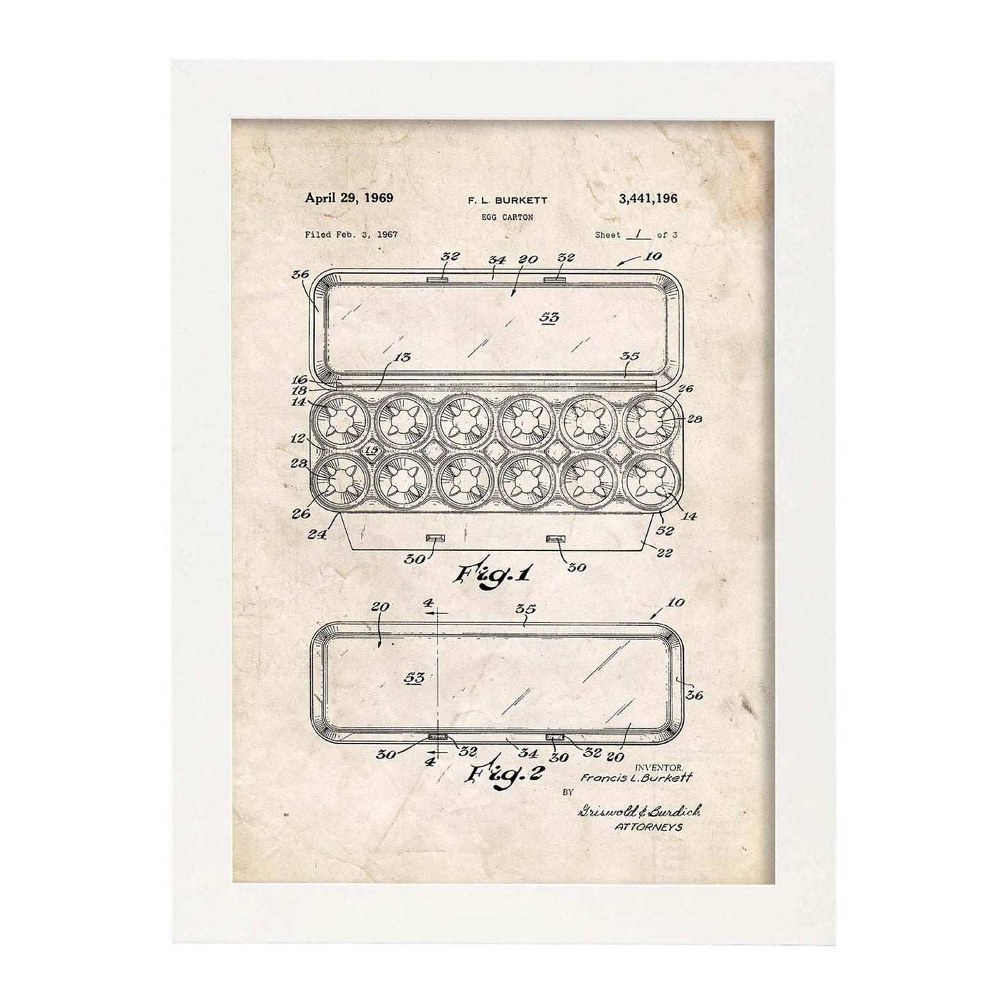 Poster con patente de Caja de huevos 1. Lámina con diseño de patente antigua.-Artwork-Nacnic-A3-Marco Blanco-Nacnic Estudio SL