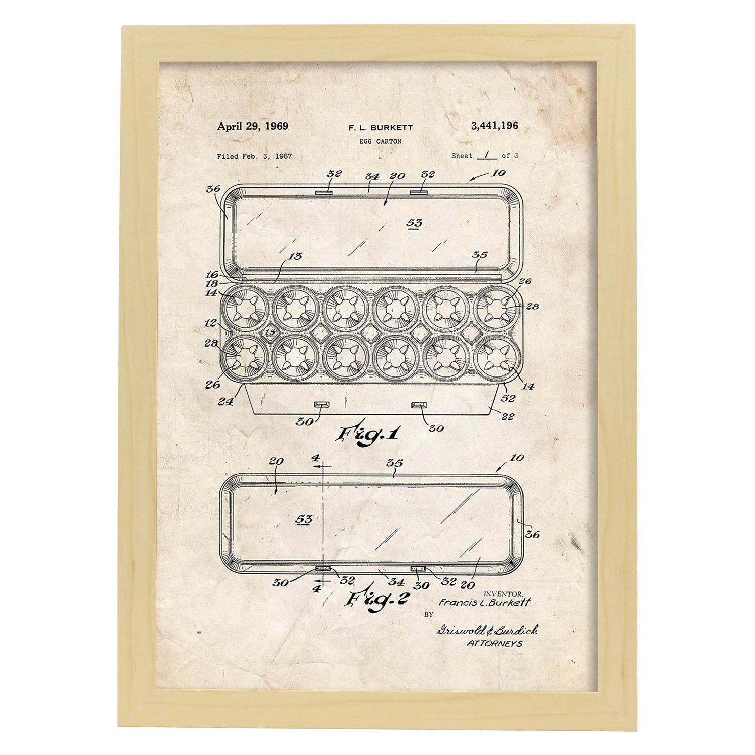 Poster con patente de Caja de huevos 1. Lámina con diseño de patente antigua.-Artwork-Nacnic-A3-Marco Madera clara-Nacnic Estudio SL