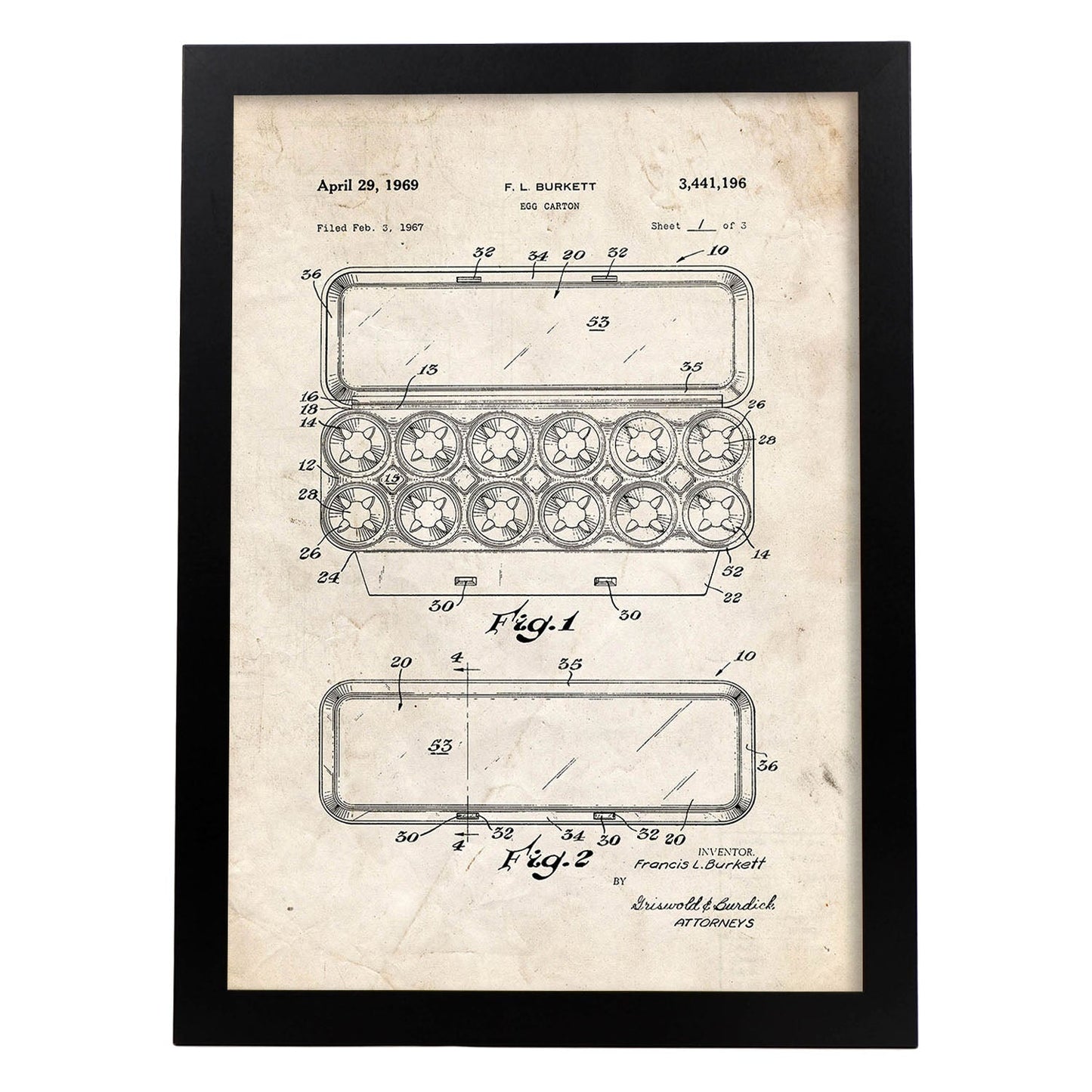 Poster con patente de Caja de huevos 1. Lámina con diseño de patente antigua.-Artwork-Nacnic-A3-Marco Negro-Nacnic Estudio SL