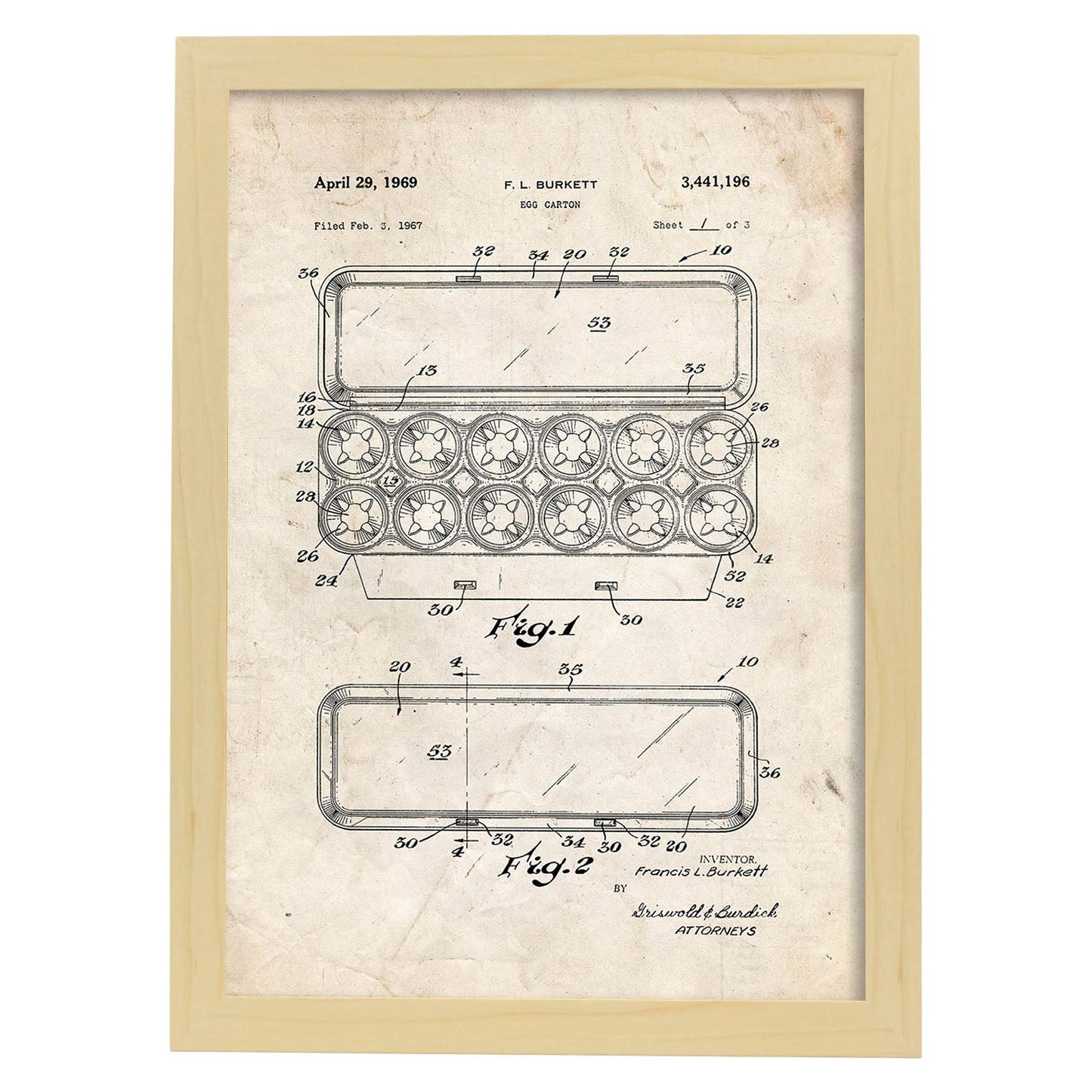 Poster con patente de Caja de huevos 1. Lámina con diseño de patente antigua.-Artwork-Nacnic-A4-Marco Madera clara-Nacnic Estudio SL