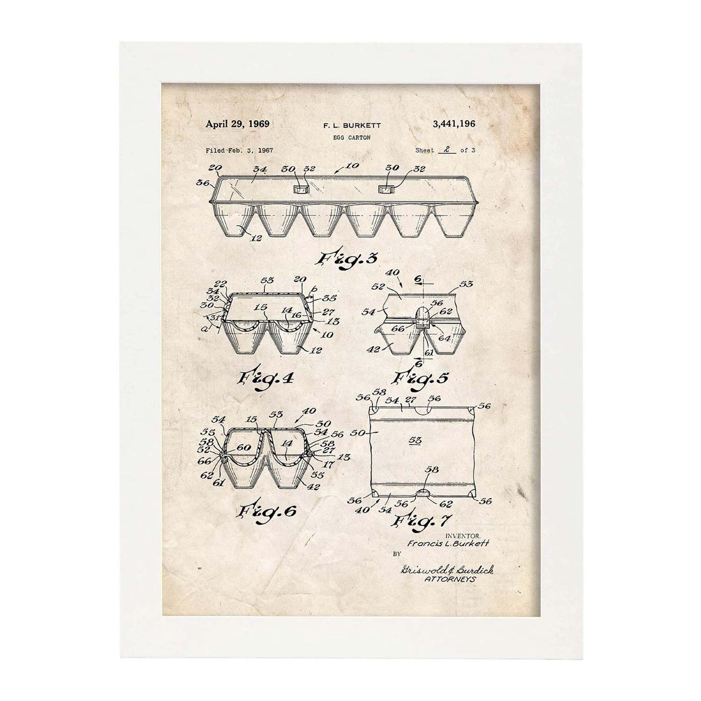 Poster con patente de Caja de huevos 2. Lámina con diseño de patente antigua.-Artwork-Nacnic-A3-Marco Blanco-Nacnic Estudio SL