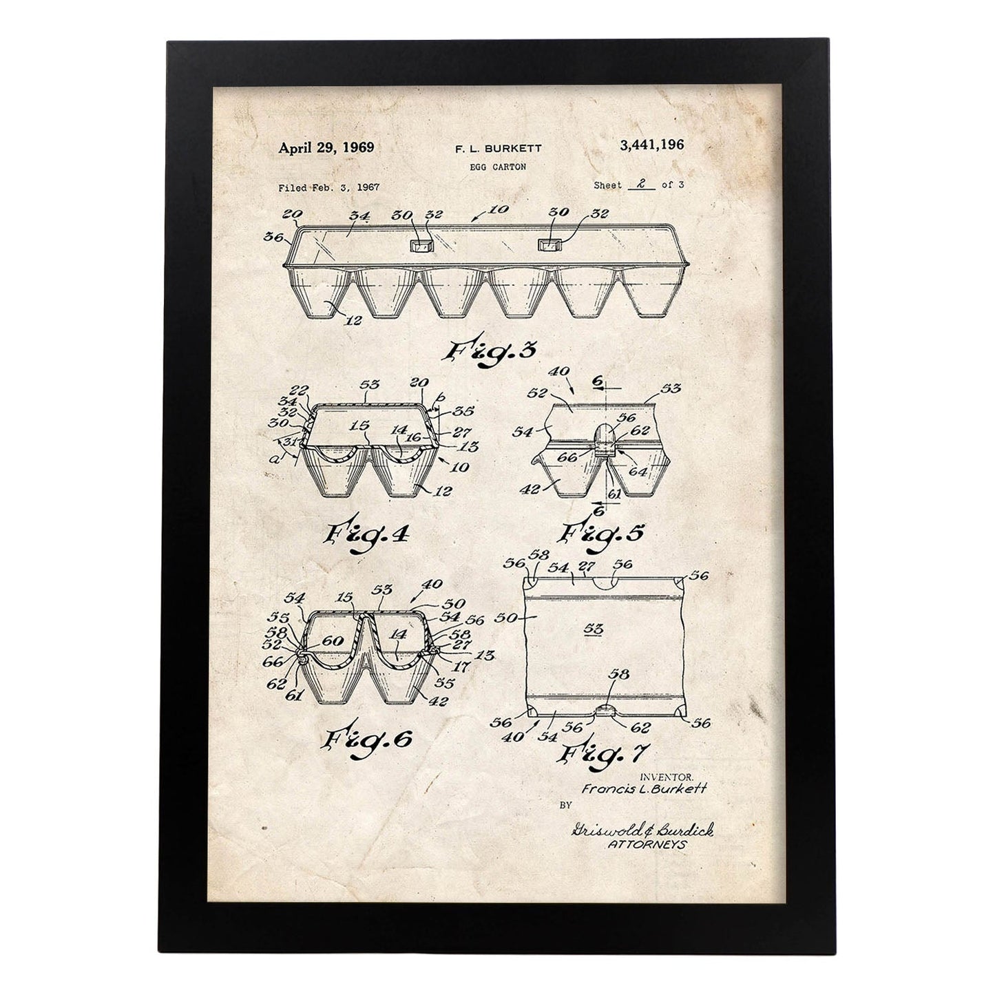 Poster con patente de Caja de huevos 2. Lámina con diseño de patente antigua.-Artwork-Nacnic-A3-Marco Negro-Nacnic Estudio SL