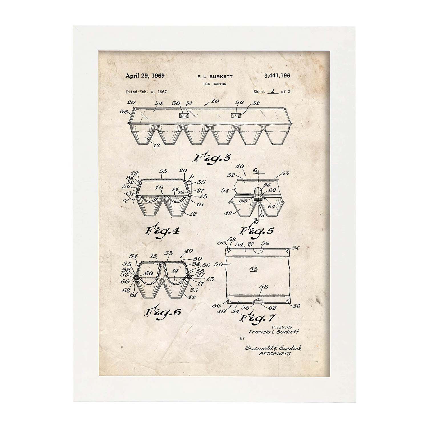 Poster con patente de Caja de huevos 2. Lámina con diseño de patente antigua.-Artwork-Nacnic-A4-Marco Blanco-Nacnic Estudio SL
