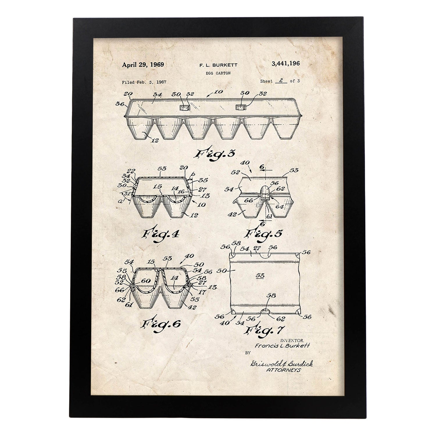 Poster con patente de Caja de huevos 2. Lámina con diseño de patente antigua.-Artwork-Nacnic-A4-Marco Negro-Nacnic Estudio SL