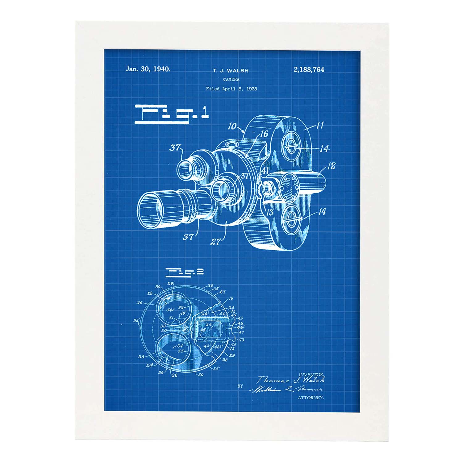 Poster con patente de Camara de fotos 8 milimetros. Lámina con diseño de patente antigua-Artwork-Nacnic-A4-Marco Blanco-Nacnic Estudio SL