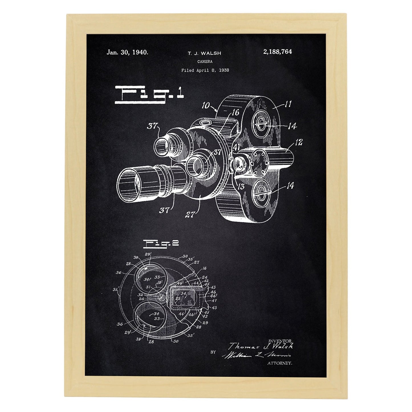 Poster con patente de Camara de fotos 8 milimetros. Lámina con diseño de patente antigua-Artwork-Nacnic-A4-Marco Madera clara-Nacnic Estudio SL
