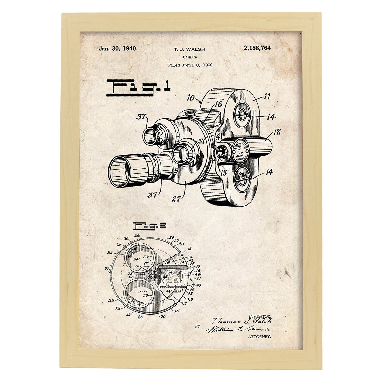Poster con patente de Camara de fotos 8 milimetros. Lámina con diseño de patente antigua.-Artwork-Nacnic-A3-Marco Madera clara-Nacnic Estudio SL