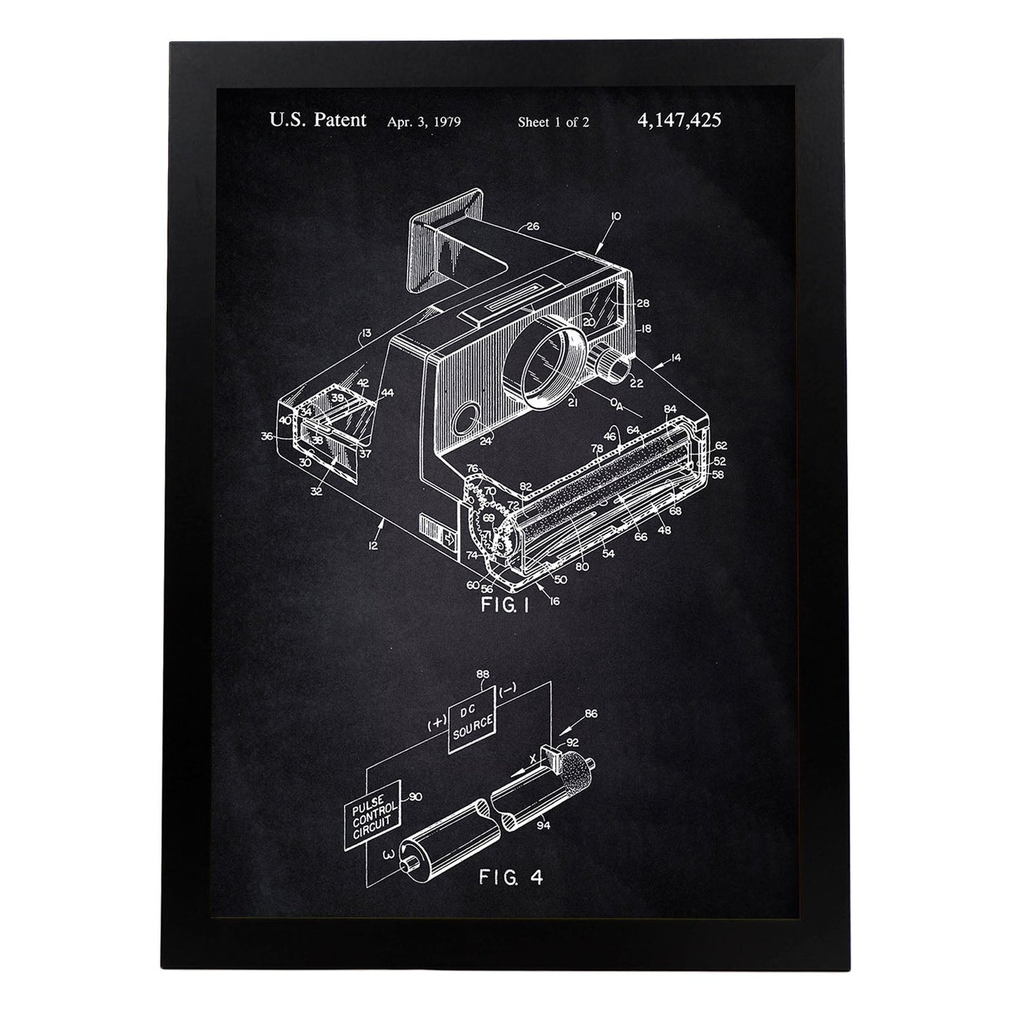 Poster con patente de Camara Polaroid. Lámina con diseño de patente antigua-Artwork-Nacnic-A4-Marco Negro-Nacnic Estudio SL