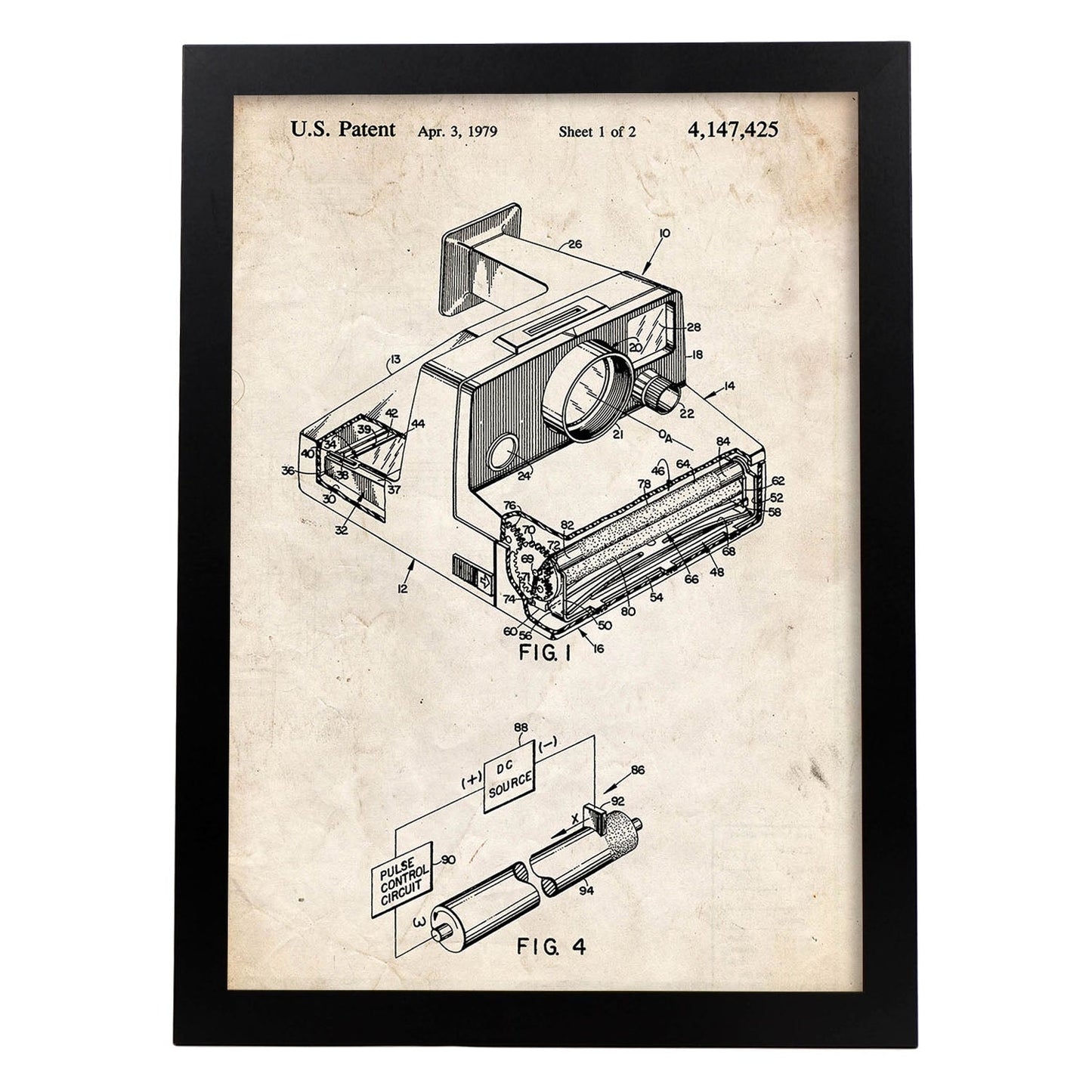 Poster con patente de Camara Polaroid. Lámina con diseño de patente antigua.-Artwork-Nacnic-A4-Marco Negro-Nacnic Estudio SL