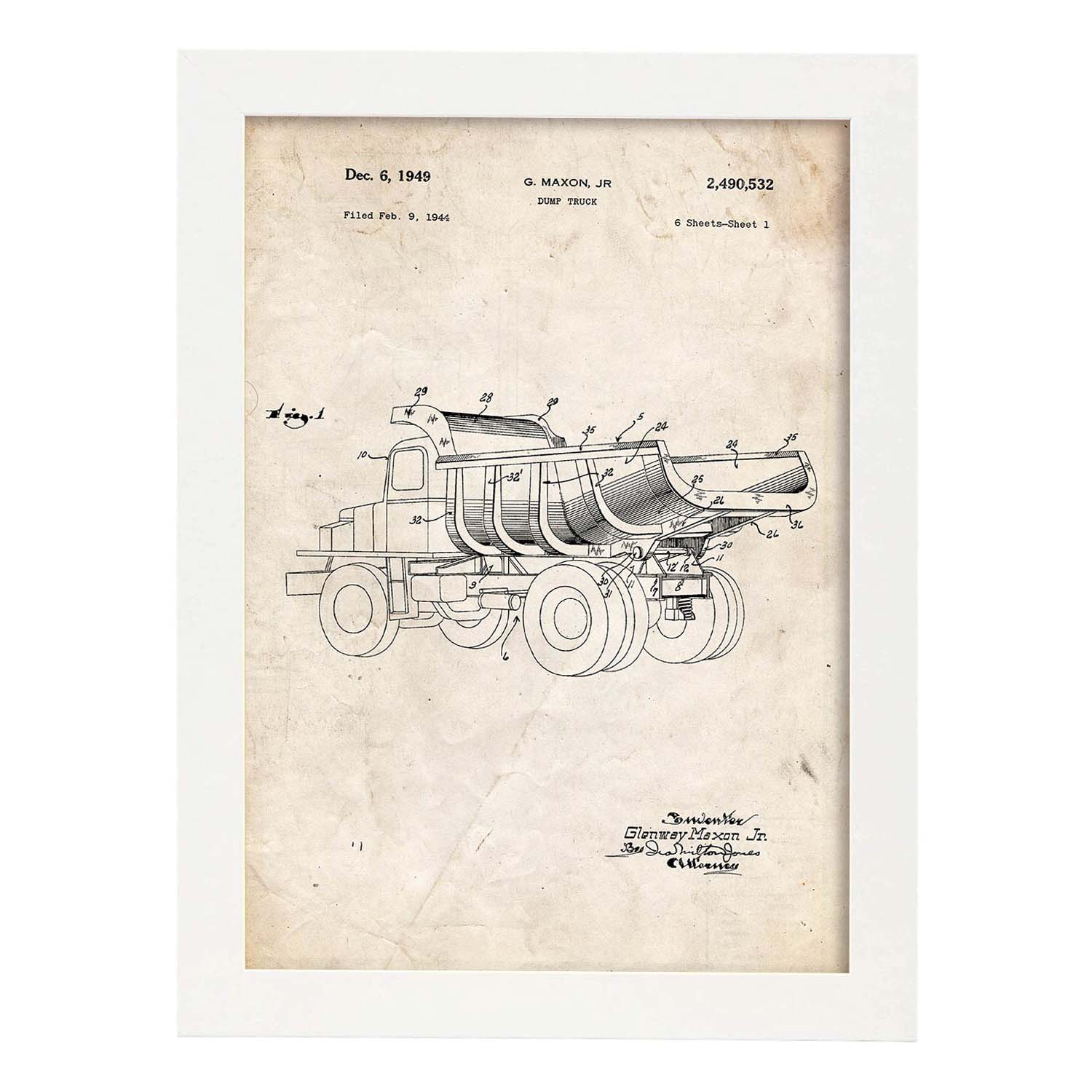 Poster con patente de Camion de carga 3. Lámina con diseño de patente antigua.-Artwork-Nacnic-A4-Marco Blanco-Nacnic Estudio SL