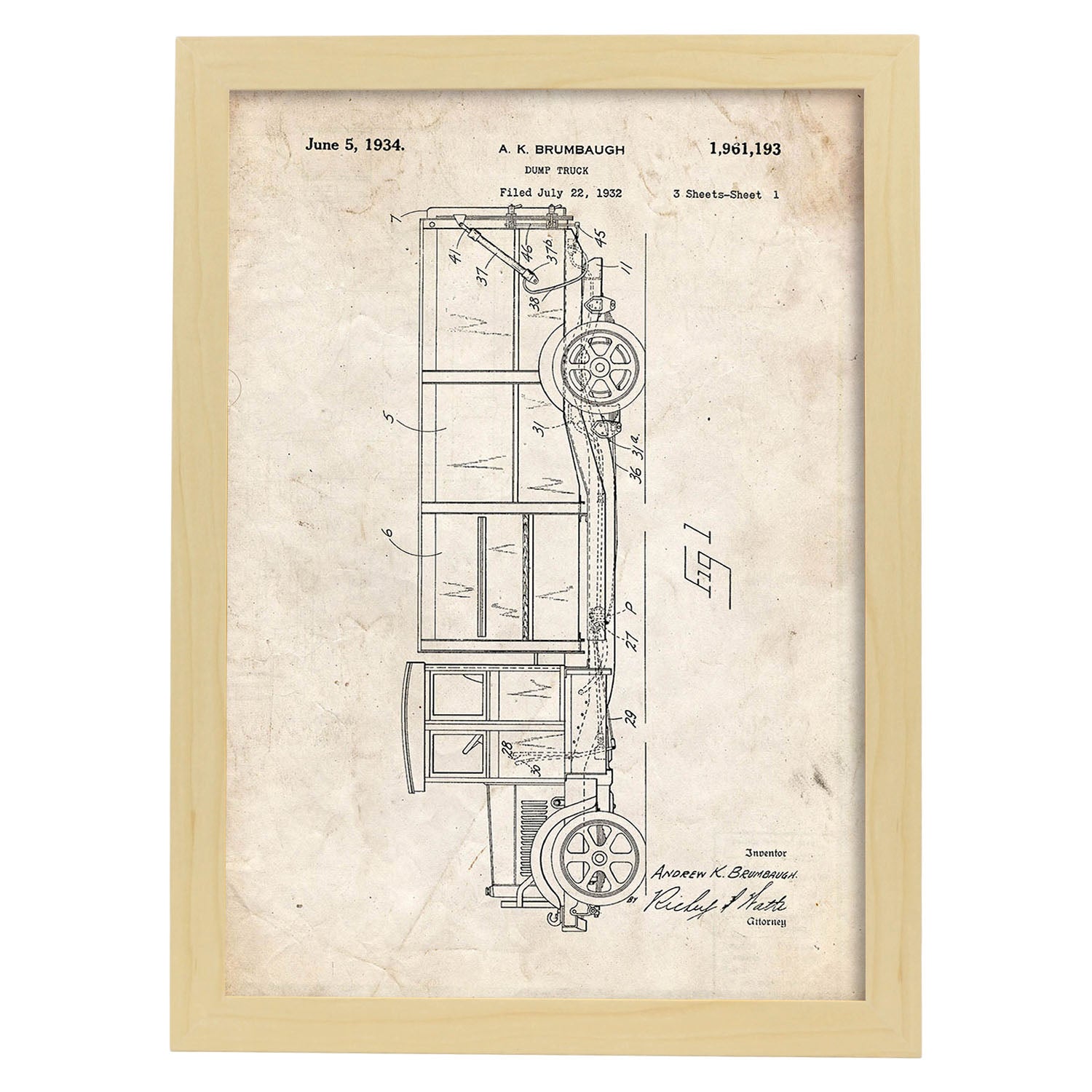 Poster con patente de Camion de la basura. Lámina con diseño de patente antigua.-Artwork-Nacnic-A3-Marco Madera clara-Nacnic Estudio SL
