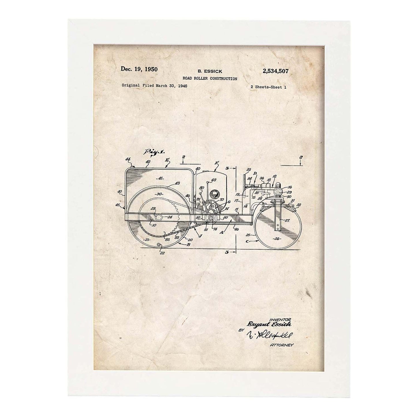 Poster con patente de Camión de rodillo. Lámina con diseño de patente antigua.-Artwork-Nacnic-A3-Marco Blanco-Nacnic Estudio SL