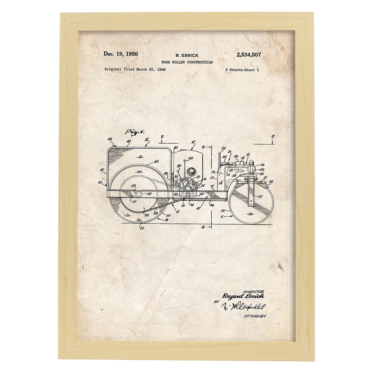 Poster con patente de Camión de rodillo. Lámina con diseño de patente antigua.-Artwork-Nacnic-A3-Marco Madera clara-Nacnic Estudio SL