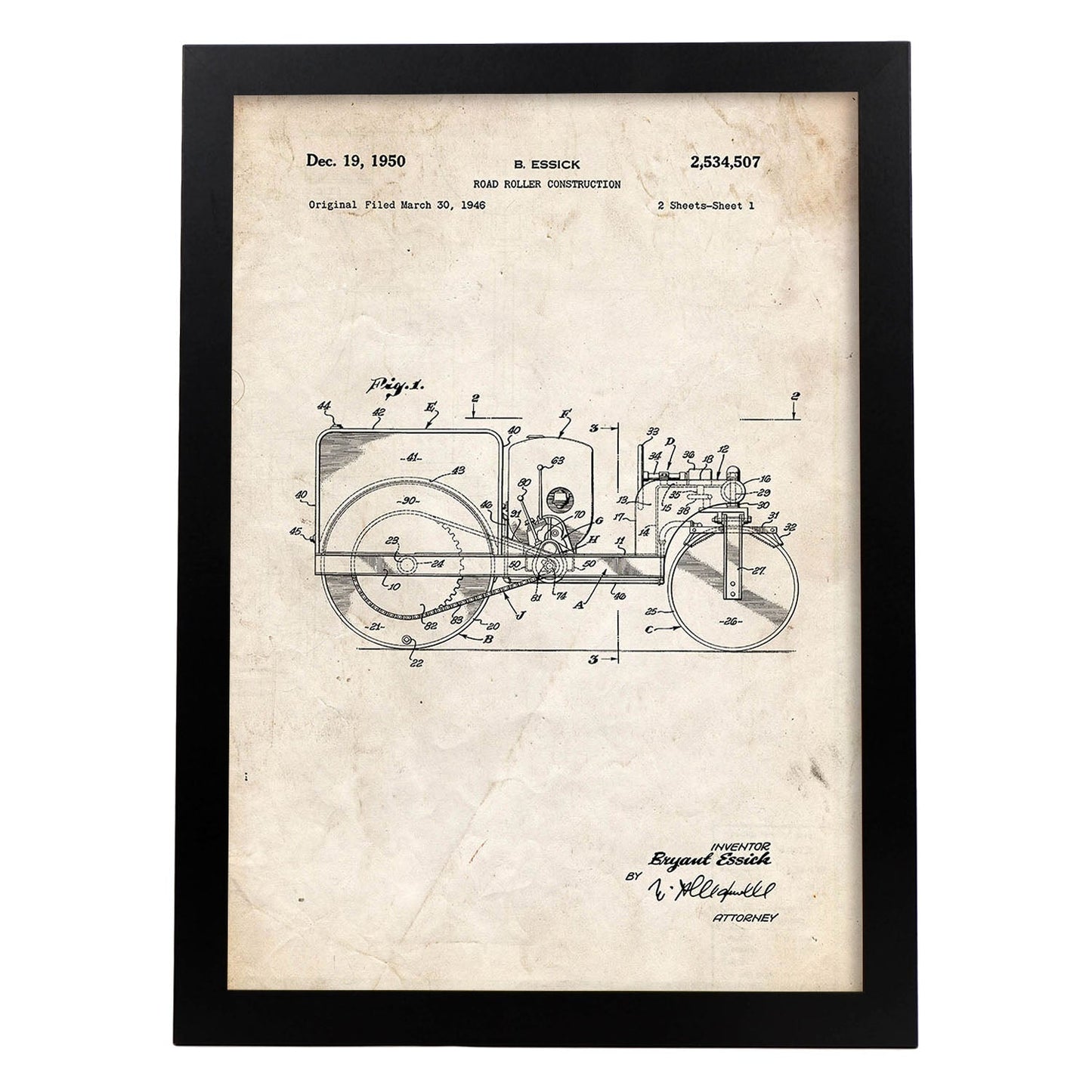 Poster con patente de Camión de rodillo. Lámina con diseño de patente antigua.-Artwork-Nacnic-A3-Marco Negro-Nacnic Estudio SL