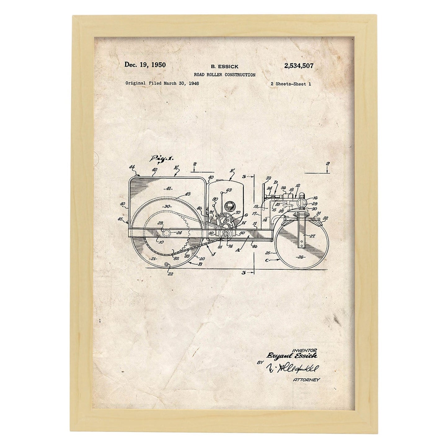 Poster con patente de Camión de rodillo. Lámina con diseño de patente antigua.-Artwork-Nacnic-A4-Marco Madera clara-Nacnic Estudio SL