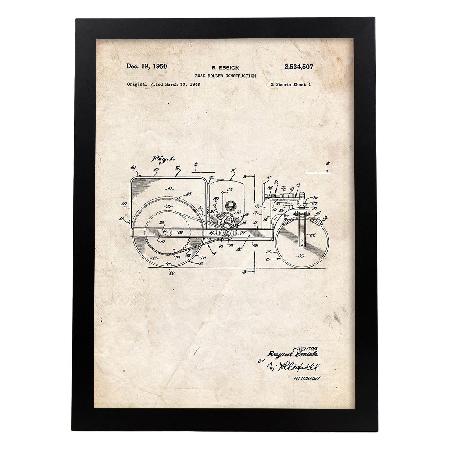 Poster con patente de Camión de rodillo. Lámina con diseño de patente antigua.-Artwork-Nacnic-A4-Marco Negro-Nacnic Estudio SL