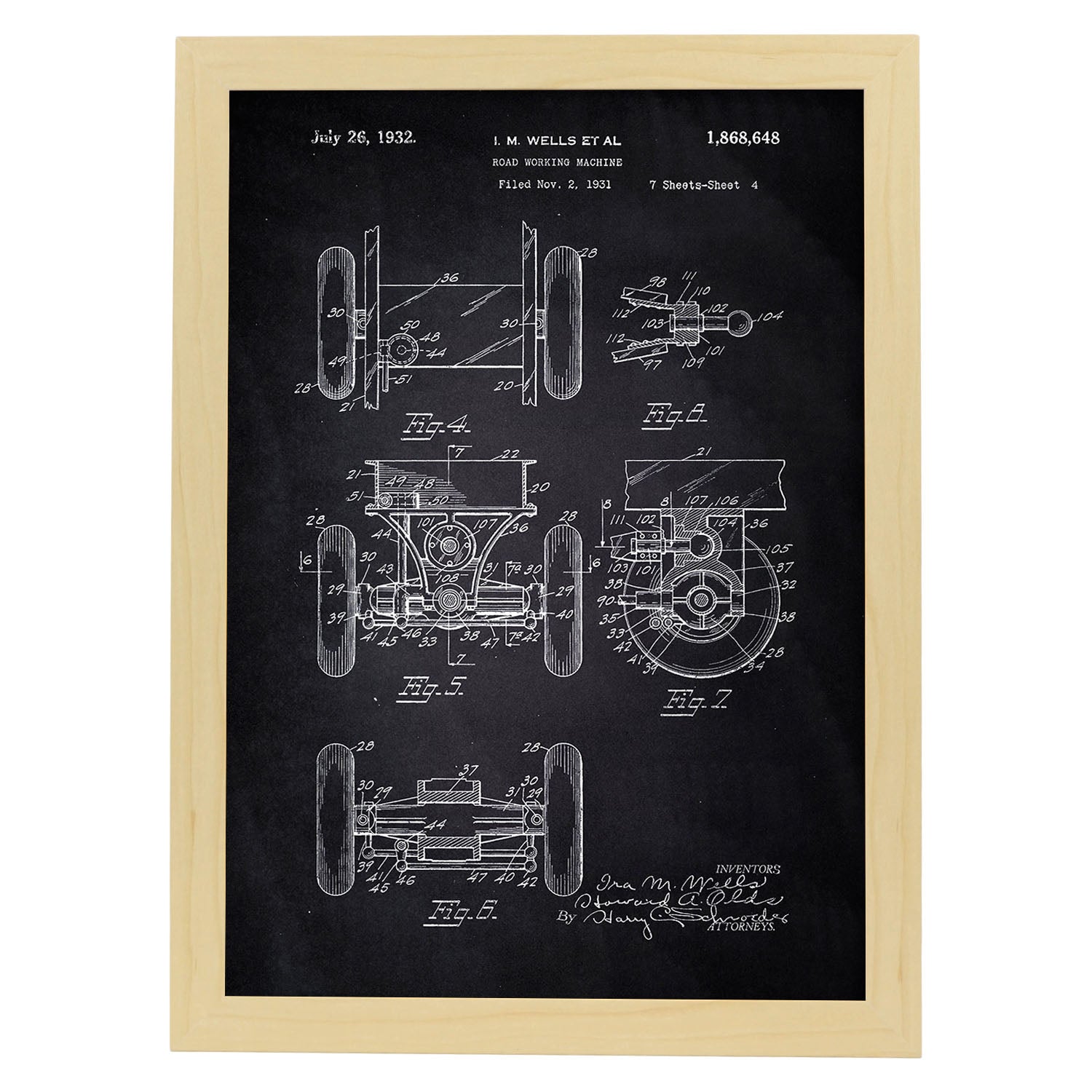 Poster con patente de Camion de trabajo en carretera 2. Lámina con diseño de patente antigua-Artwork-Nacnic-A4-Marco Madera clara-Nacnic Estudio SL