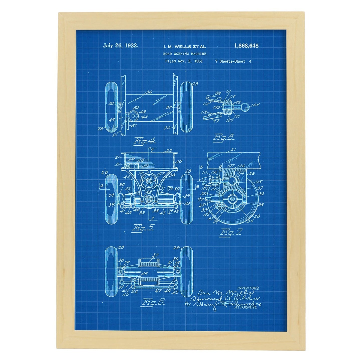 Poster con patente de Camion de trabajo en carretera 2. Lámina con diseño de patente antigua-Artwork-Nacnic-A4-Marco Madera clara-Nacnic Estudio SL