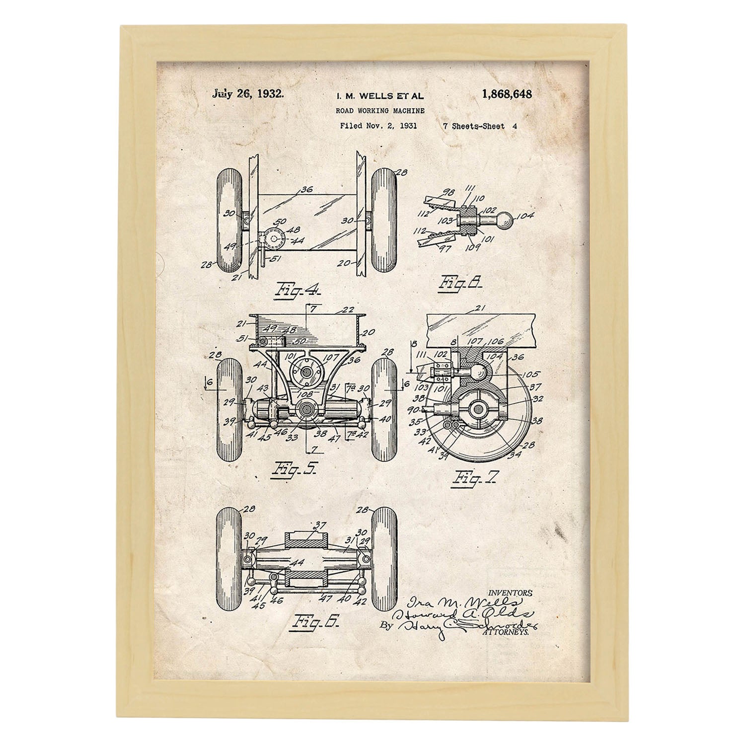 Poster con patente de Camion de trabajo en carretera 2. Lámina con diseño de patente antigua.-Artwork-Nacnic-A3-Marco Madera clara-Nacnic Estudio SL