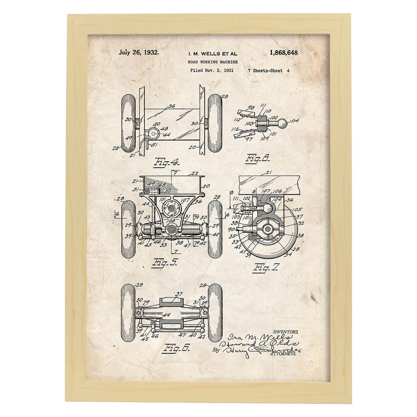 Poster con patente de Camion de trabajo en carretera 2. Lámina con diseño de patente antigua.-Artwork-Nacnic-A4-Marco Madera clara-Nacnic Estudio SL