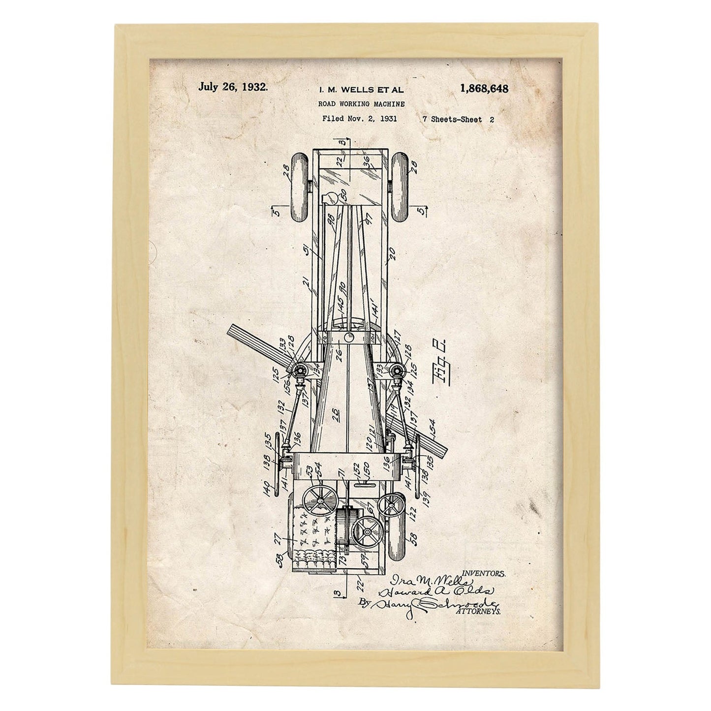 Poster con patente de Camion de trabajo en carretera 3. Lámina con diseño de patente antigua.-Artwork-Nacnic-A3-Marco Madera clara-Nacnic Estudio SL
