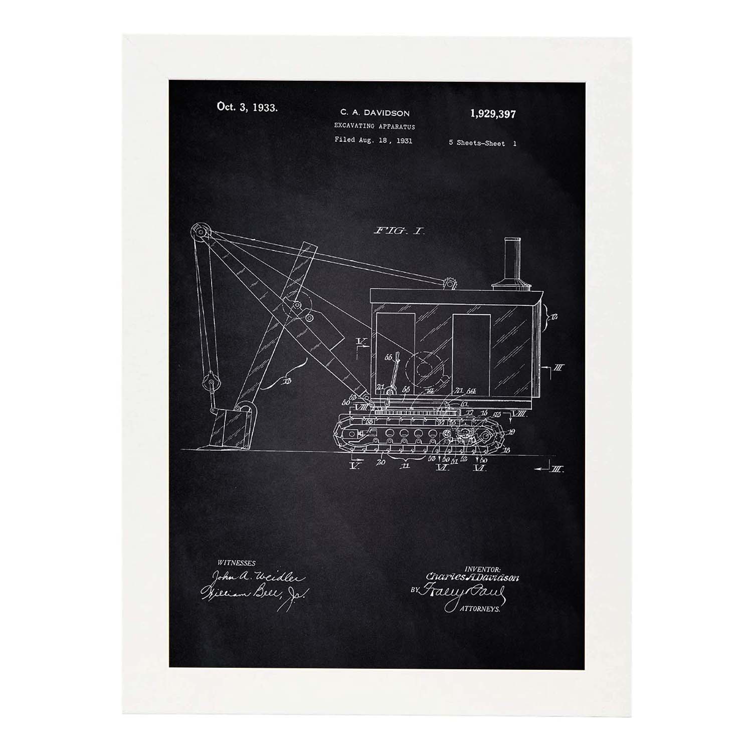 Poster con patente de Camión excavadora. Lámina con diseño de patente antigua-Artwork-Nacnic-A3-Marco Blanco-Nacnic Estudio SL