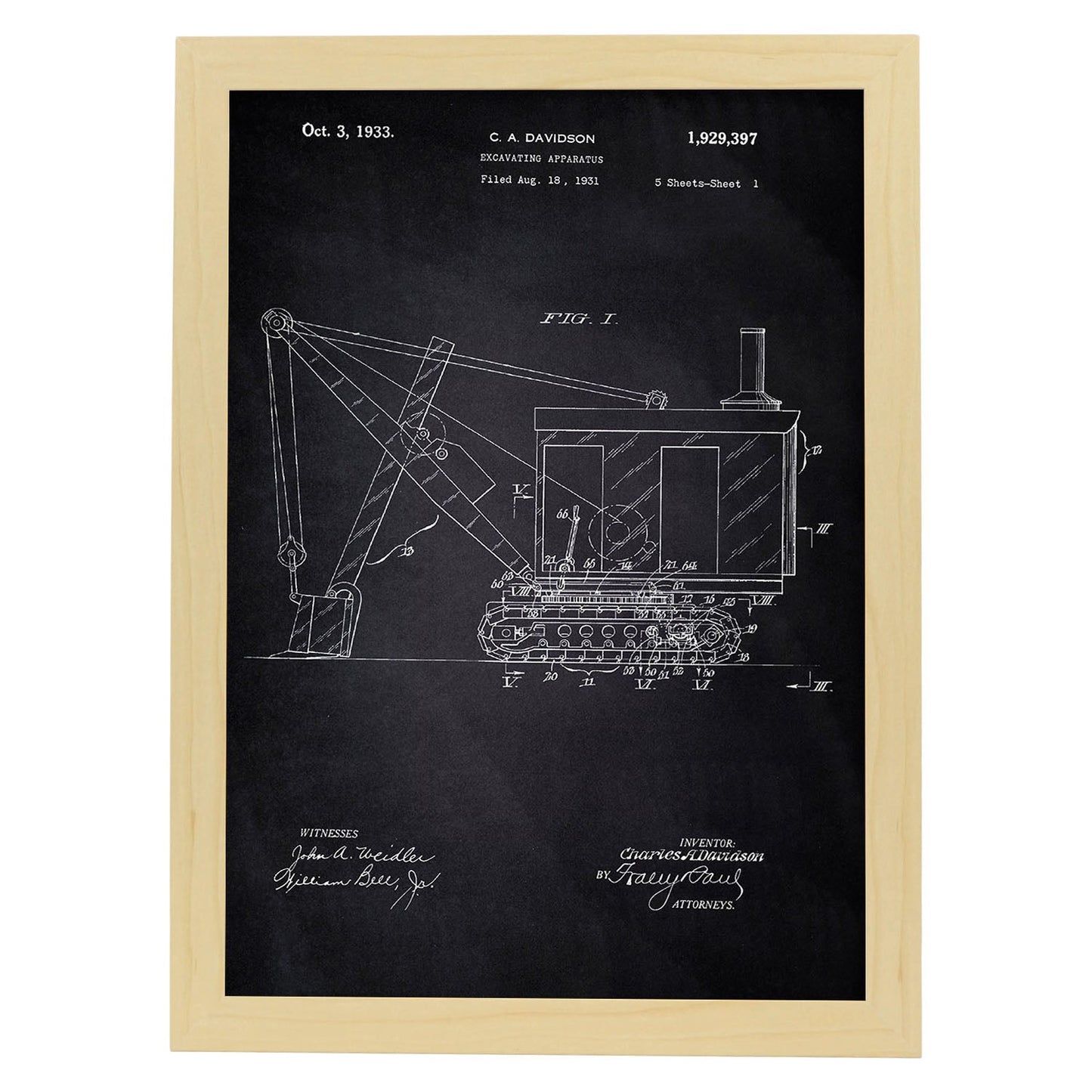 Poster con patente de Camión excavadora. Lámina con diseño de patente antigua-Artwork-Nacnic-A3-Marco Madera clara-Nacnic Estudio SL