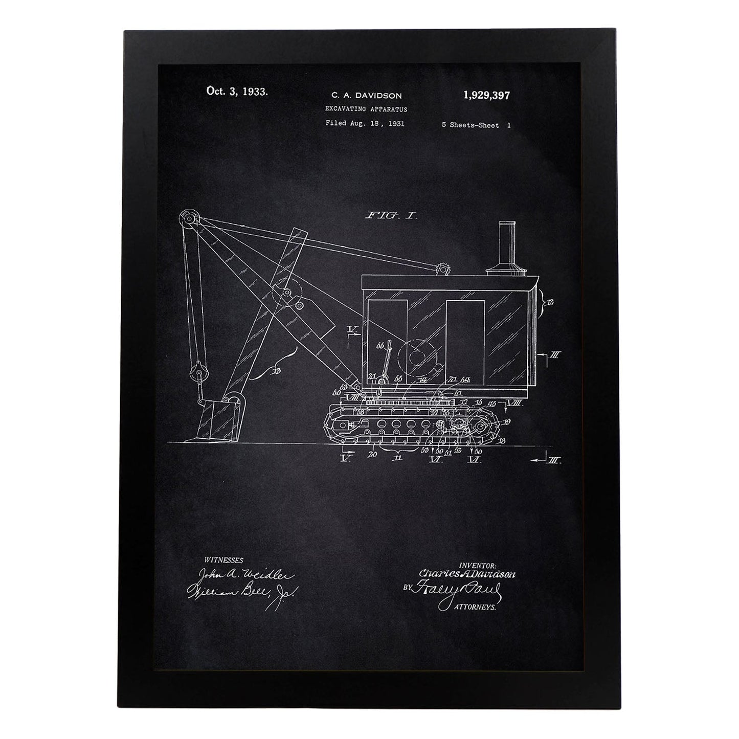 Poster con patente de Camión excavadora. Lámina con diseño de patente antigua-Artwork-Nacnic-A4-Marco Negro-Nacnic Estudio SL