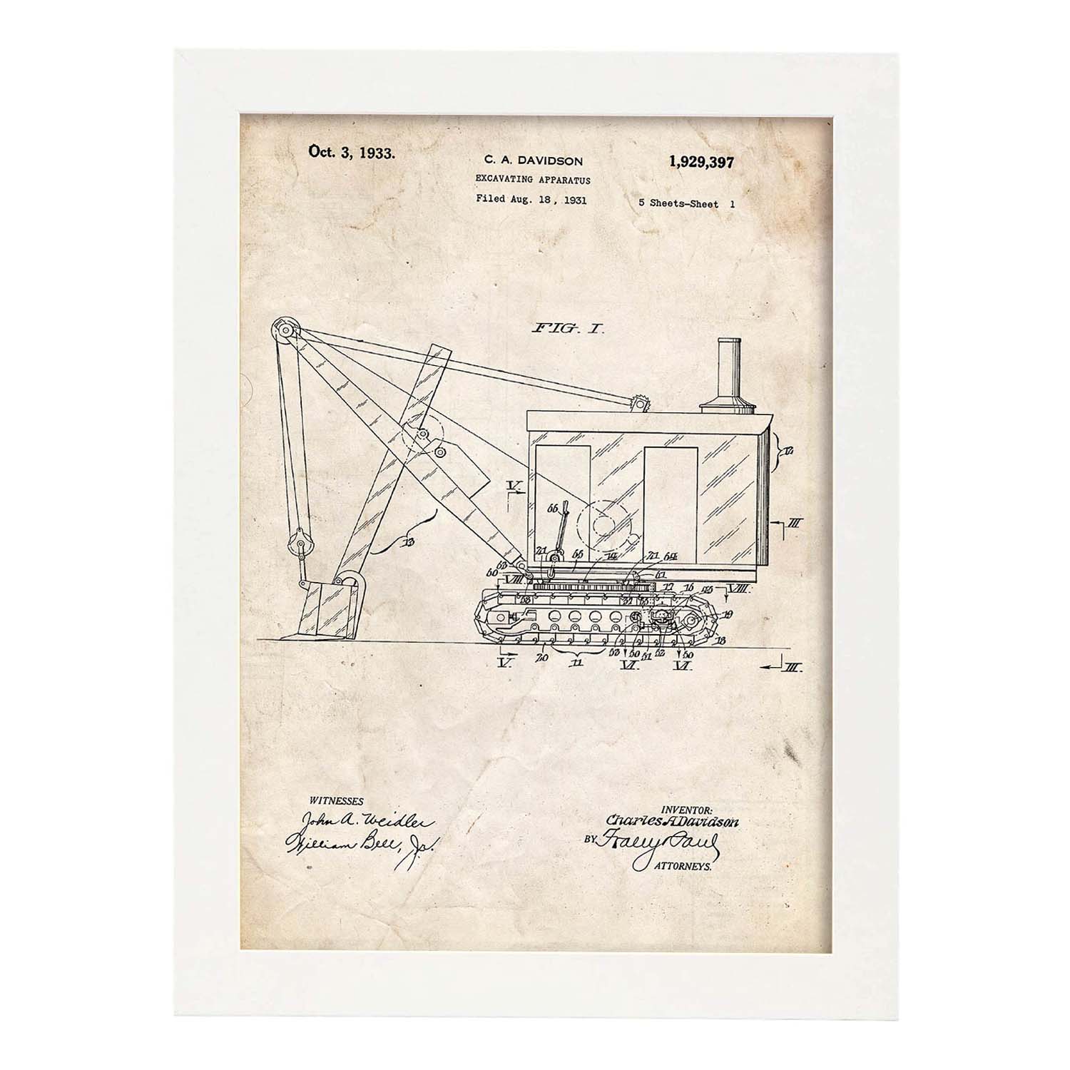 Poster con patente de Camión excavadora. Lámina con diseño de patente antigua.-Artwork-Nacnic-A3-Marco Blanco-Nacnic Estudio SL