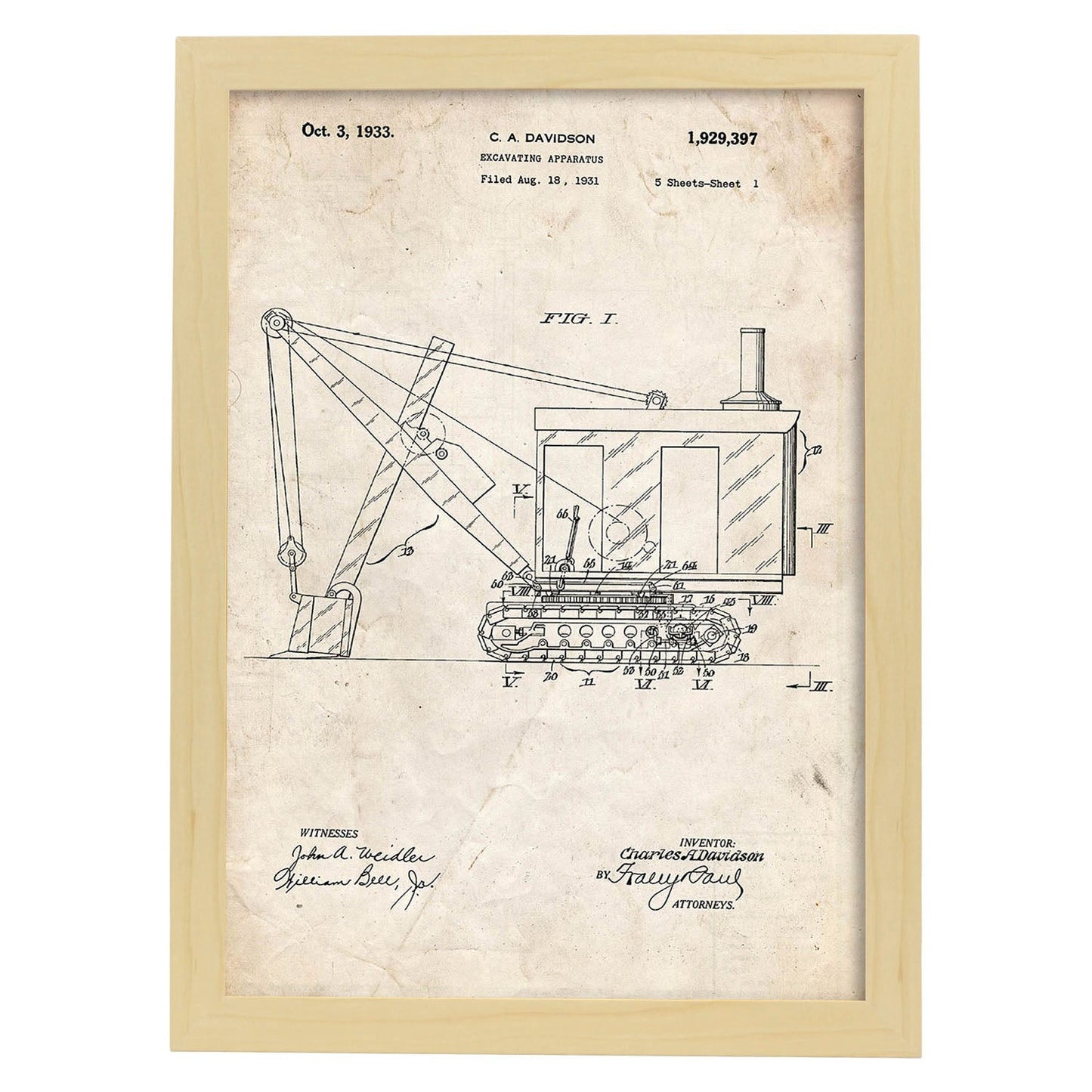 Poster con patente de Camión excavadora. Lámina con diseño de patente antigua.-Artwork-Nacnic-A3-Marco Madera clara-Nacnic Estudio SL