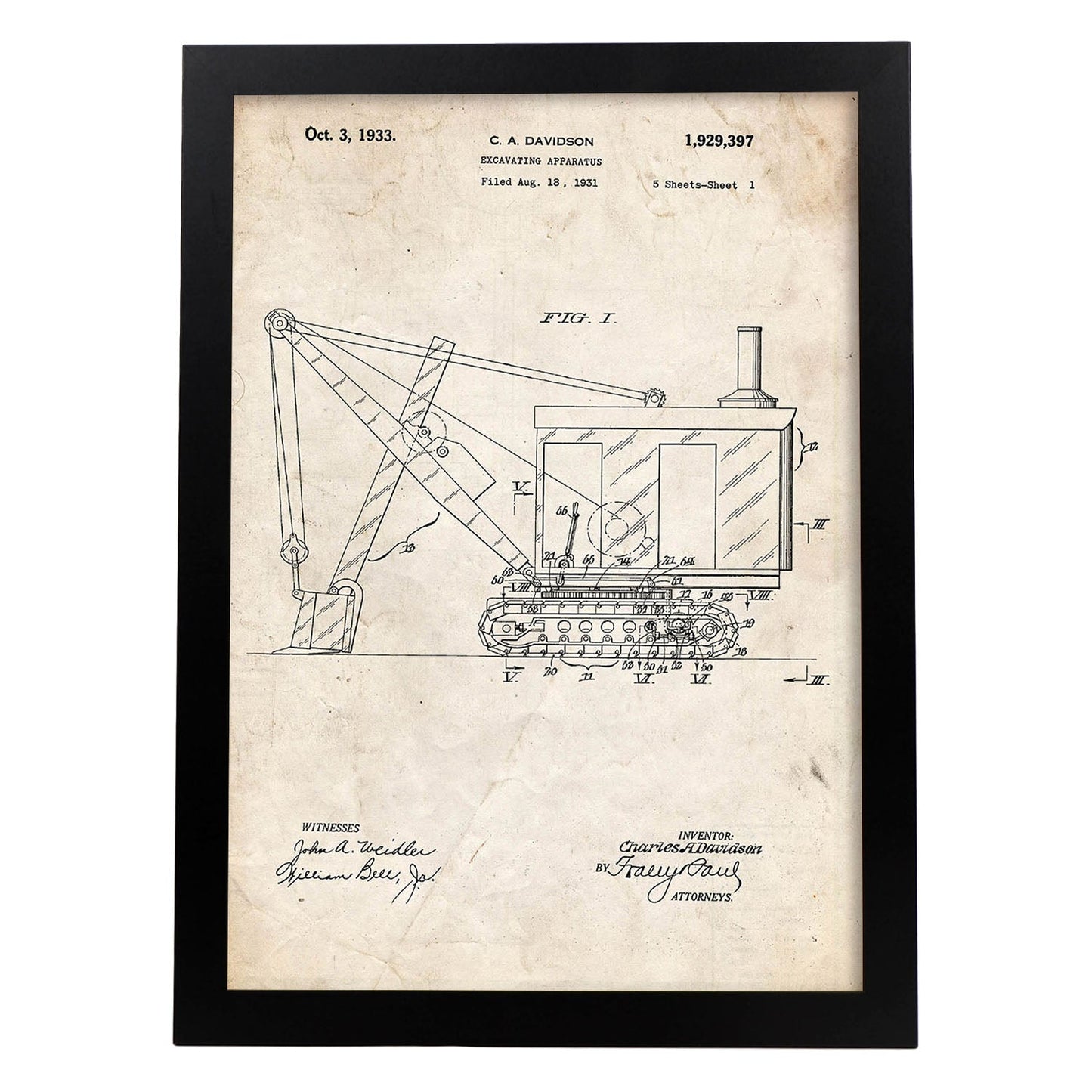 Poster con patente de Camión excavadora. Lámina con diseño de patente antigua.-Artwork-Nacnic-A3-Marco Negro-Nacnic Estudio SL