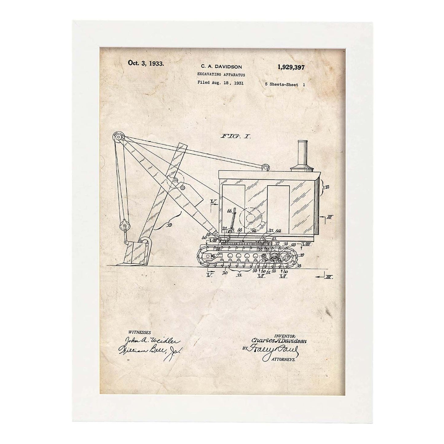 Poster con patente de Camión excavadora. Lámina con diseño de patente antigua.-Artwork-Nacnic-A4-Marco Blanco-Nacnic Estudio SL
