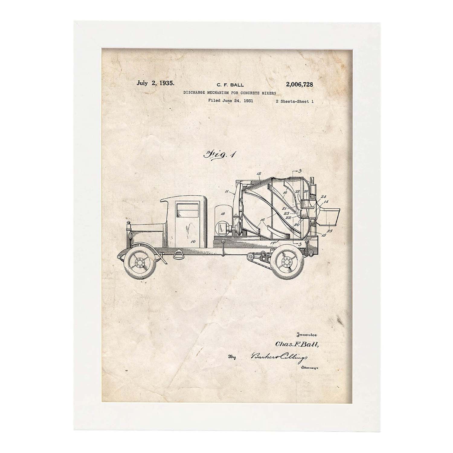 Poster con patente de Camion hormigonera. Lámina con diseño de patente antigua.-Artwork-Nacnic-A3-Marco Blanco-Nacnic Estudio SL