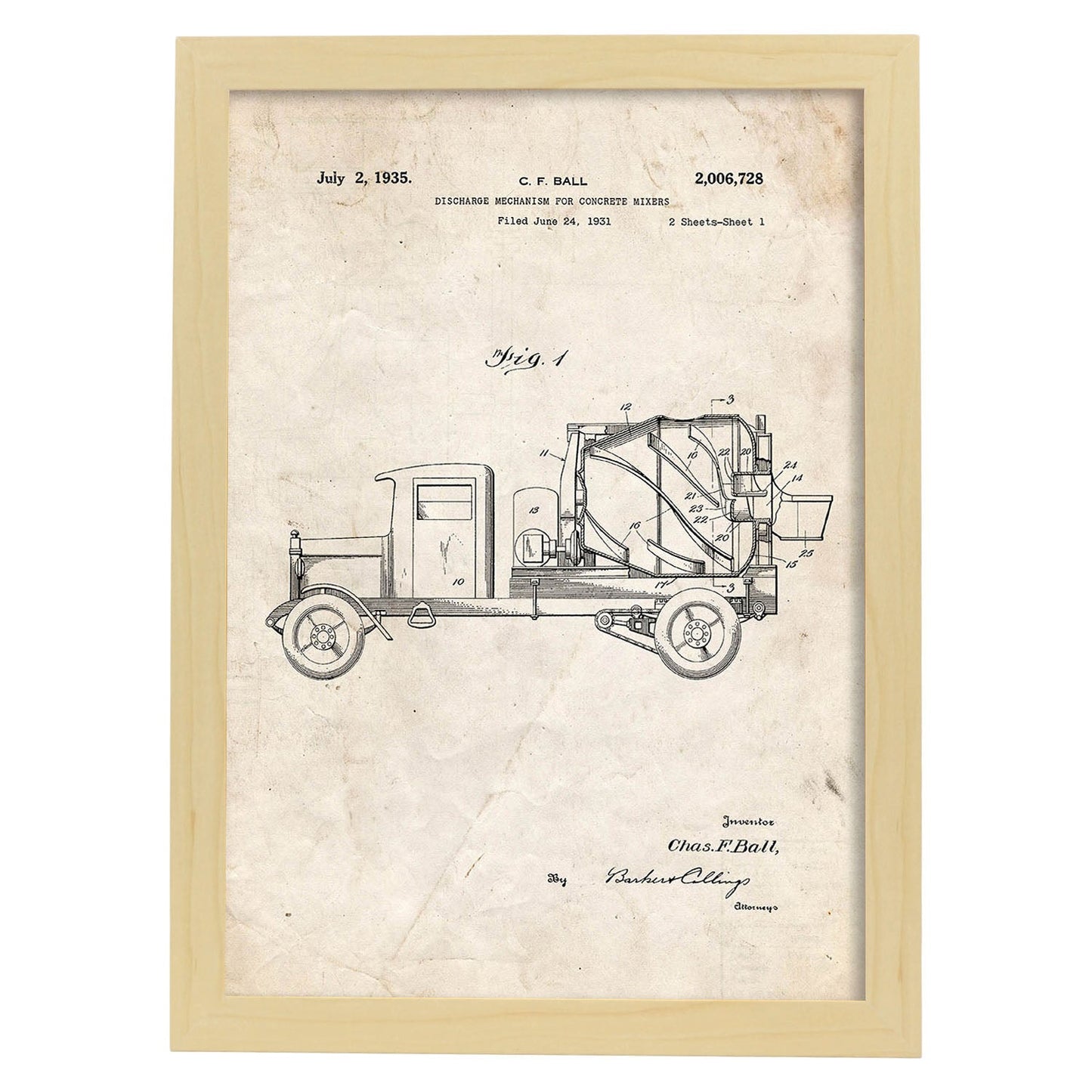 Poster con patente de Camion hormigonera. Lámina con diseño de patente antigua.-Artwork-Nacnic-A3-Marco Madera clara-Nacnic Estudio SL